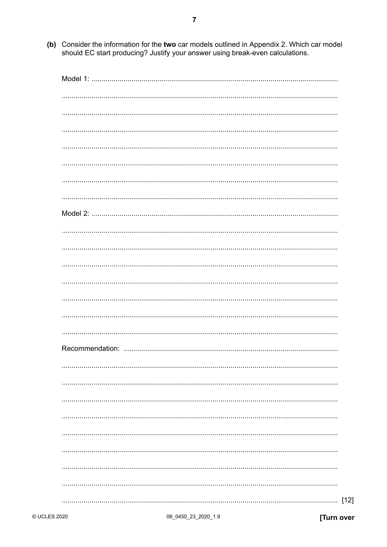 Cambridge IGCSE Business Studies 0450 2020 May/June Paper 2 · Variant 3 question paper, page 7 of 12