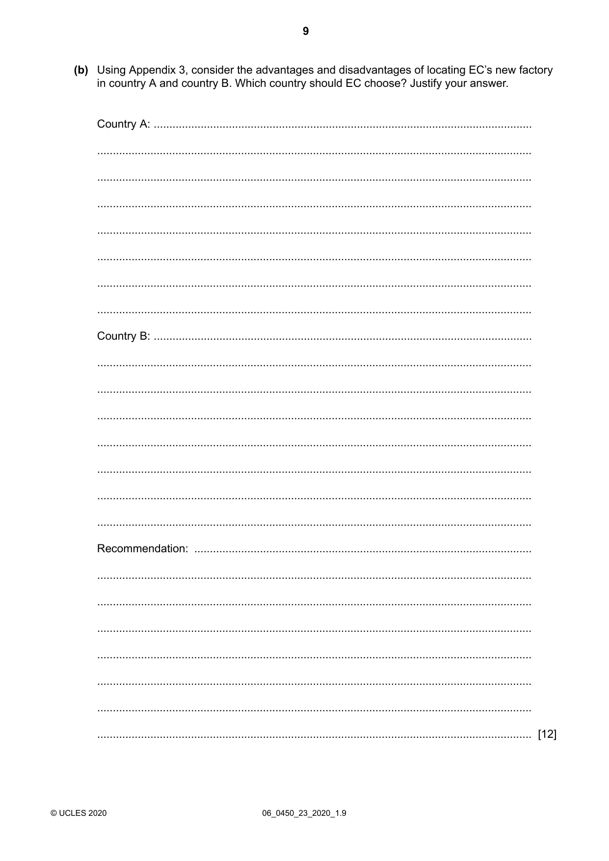Cambridge IGCSE Business Studies 0450 2020 May/June Paper 2 · Variant 3 question paper, page 9 of 12