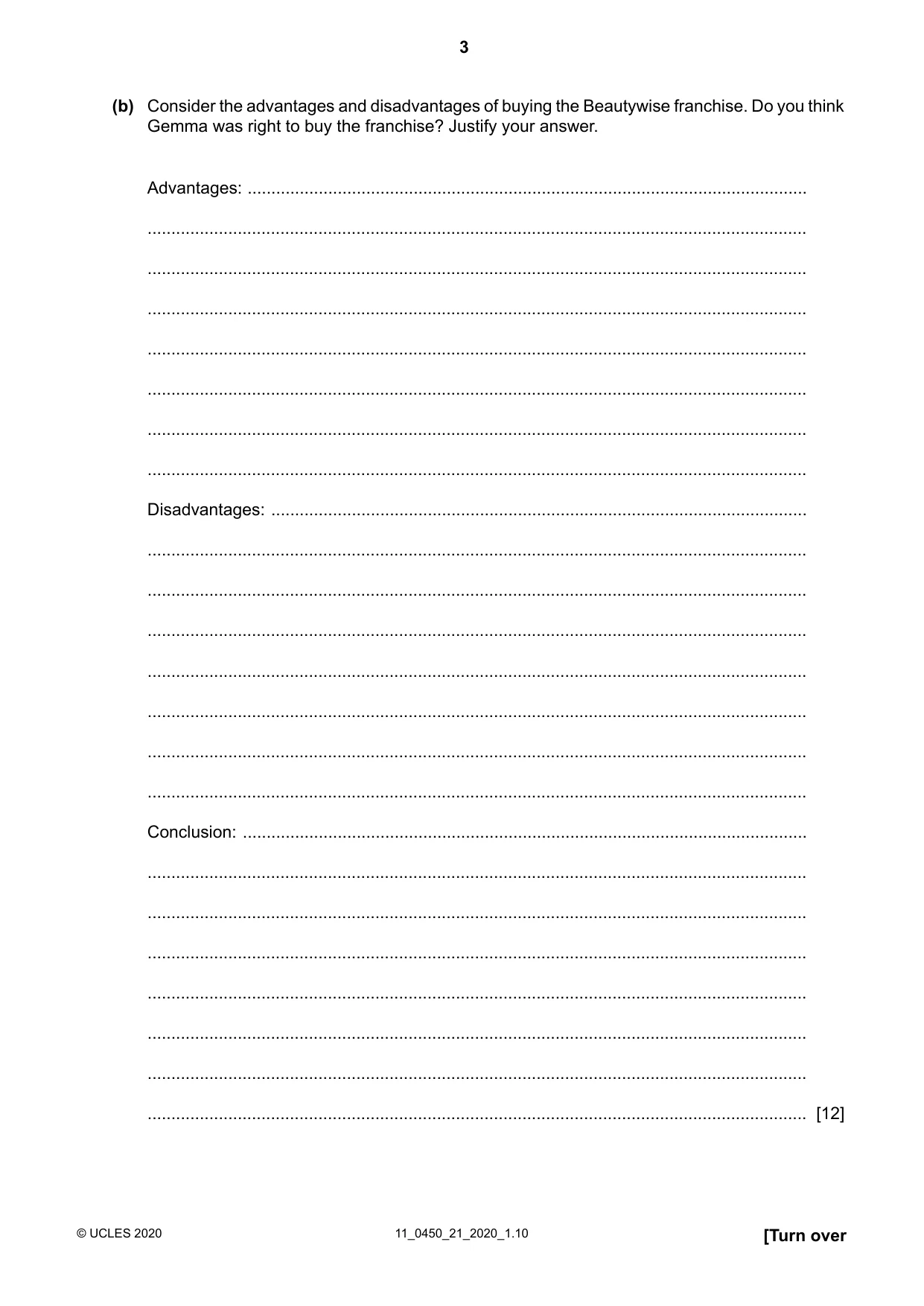 Cambridge IGCSE Business Studies 0450 2020 Oct/Nov Paper 2 · Variant 1 question paper, page 3 of 12