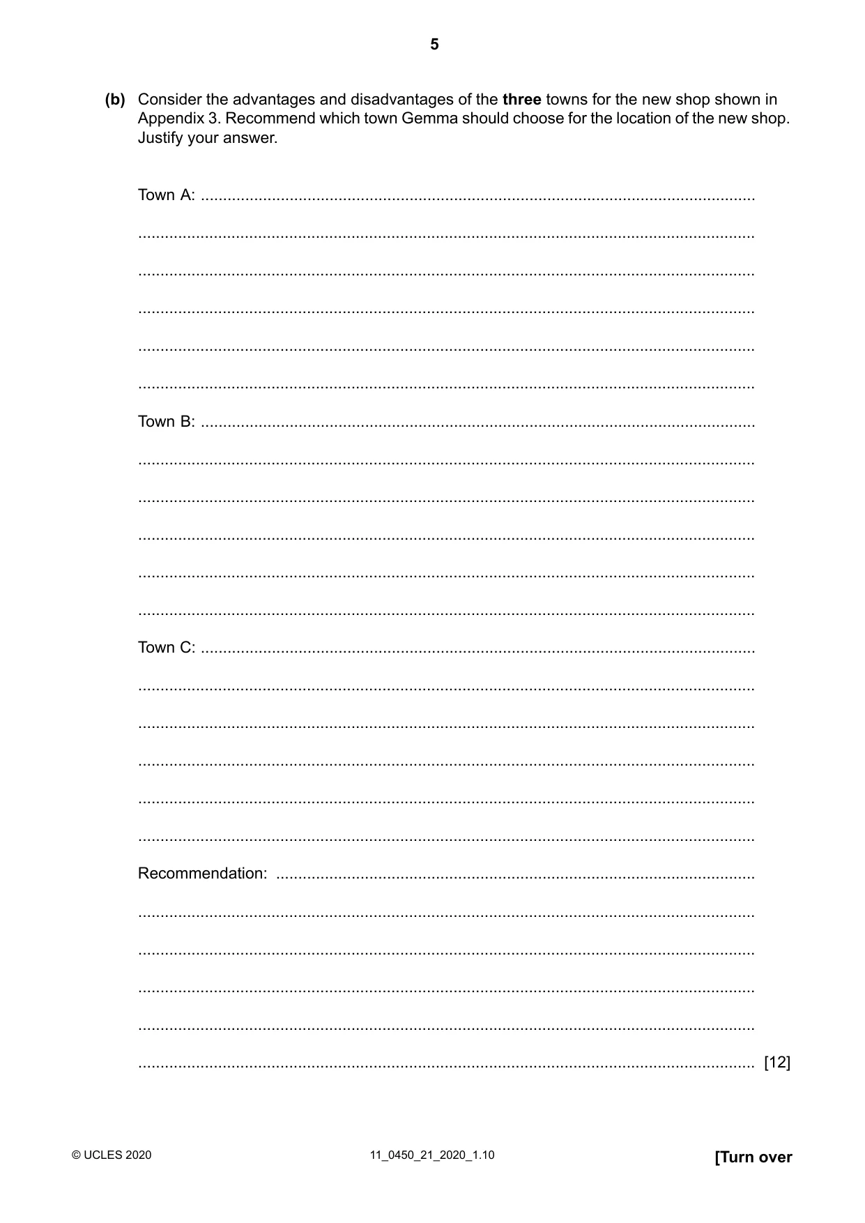 Cambridge IGCSE Business Studies 0450 2020 Oct/Nov Paper 2 · Variant 1 question paper, page 5 of 12