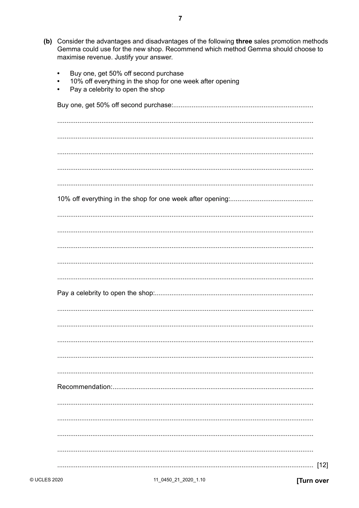 Cambridge IGCSE Business Studies 0450 2020 Oct/Nov Paper 2 · Variant 1 question paper, page 7 of 12
