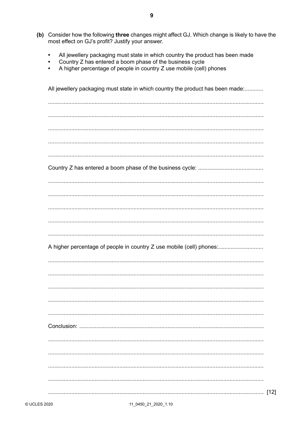 Cambridge IGCSE Business Studies 0450 2020 Oct/Nov Paper 2 · Variant 1 question paper, page 9 of 12