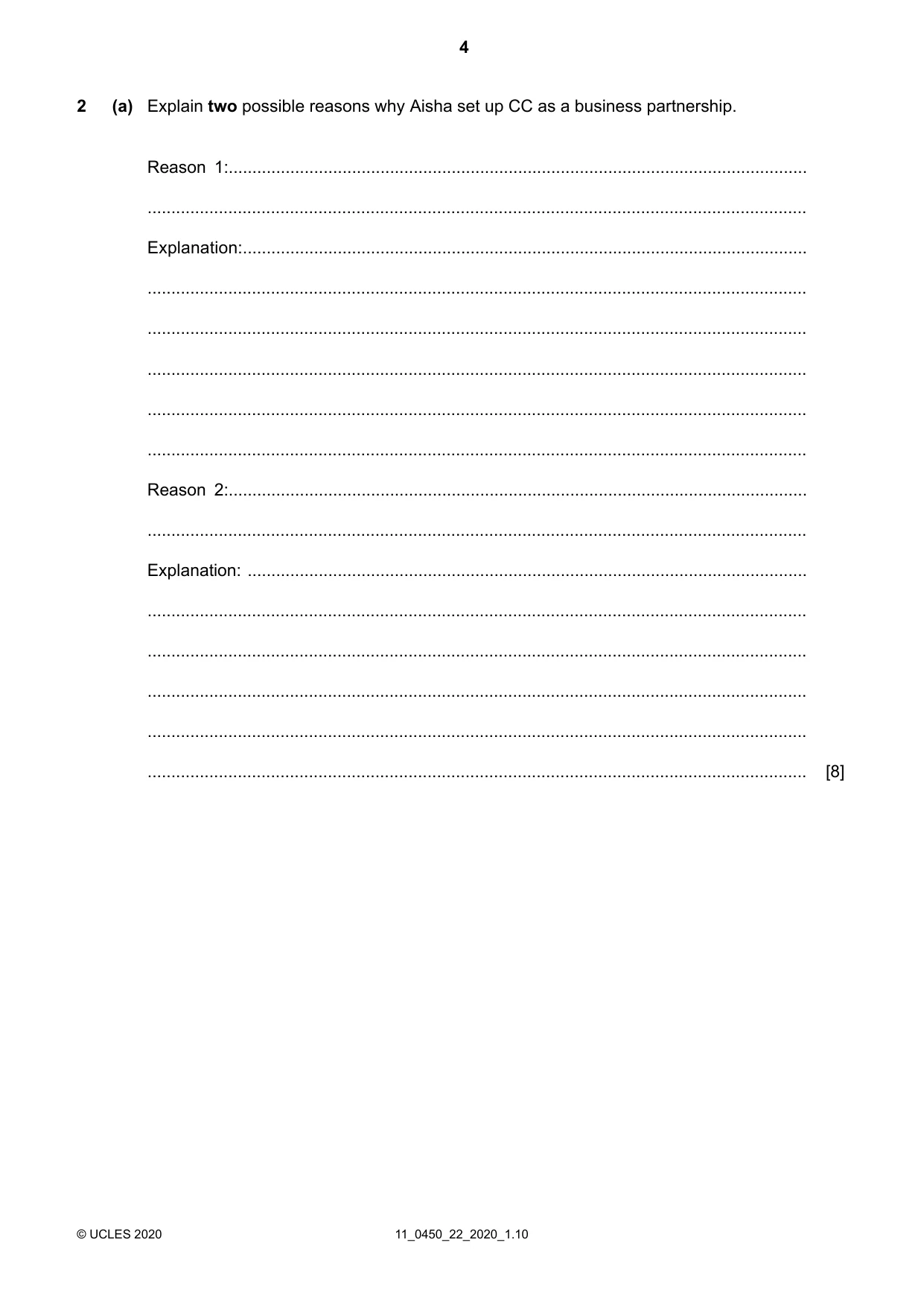 Cambridge IGCSE Business Studies 0450 2020 Oct/Nov Paper 2 · Variant 2 question paper, page 4 of 12