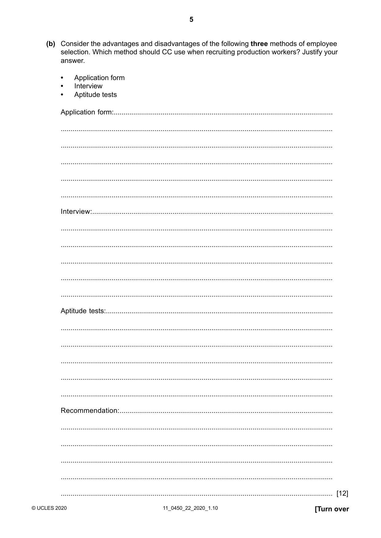 Cambridge IGCSE Business Studies 0450 2020 Oct/Nov Paper 2 · Variant 2 question paper, page 5 of 12