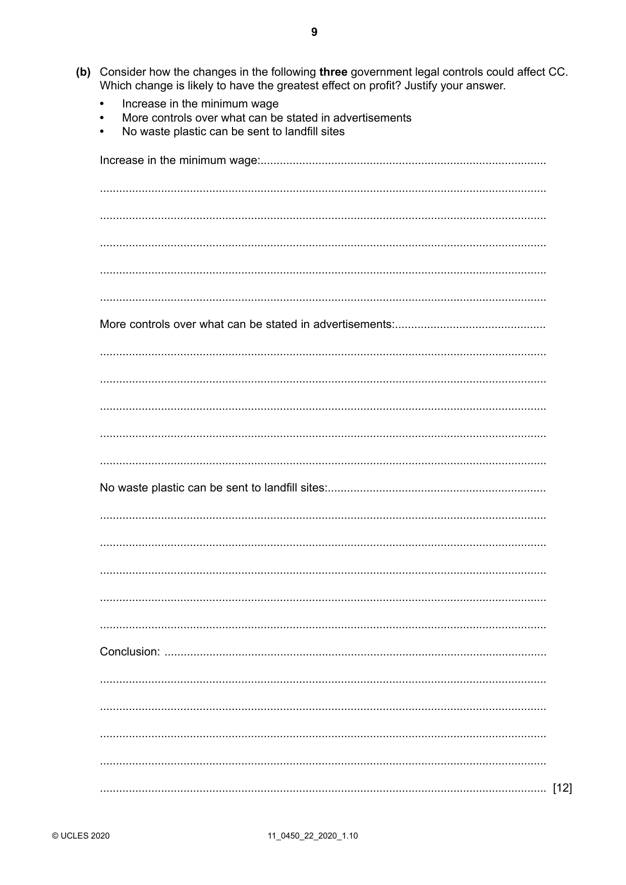 Cambridge IGCSE Business Studies 0450 2020 Oct/Nov Paper 2 · Variant 2 question paper, page 9 of 12