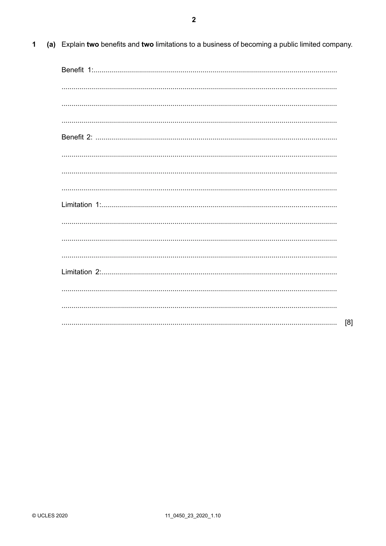 Cambridge IGCSE Business Studies 0450 2020 Oct/Nov Paper 2 · Variant 3 question paper, page 2 of 12