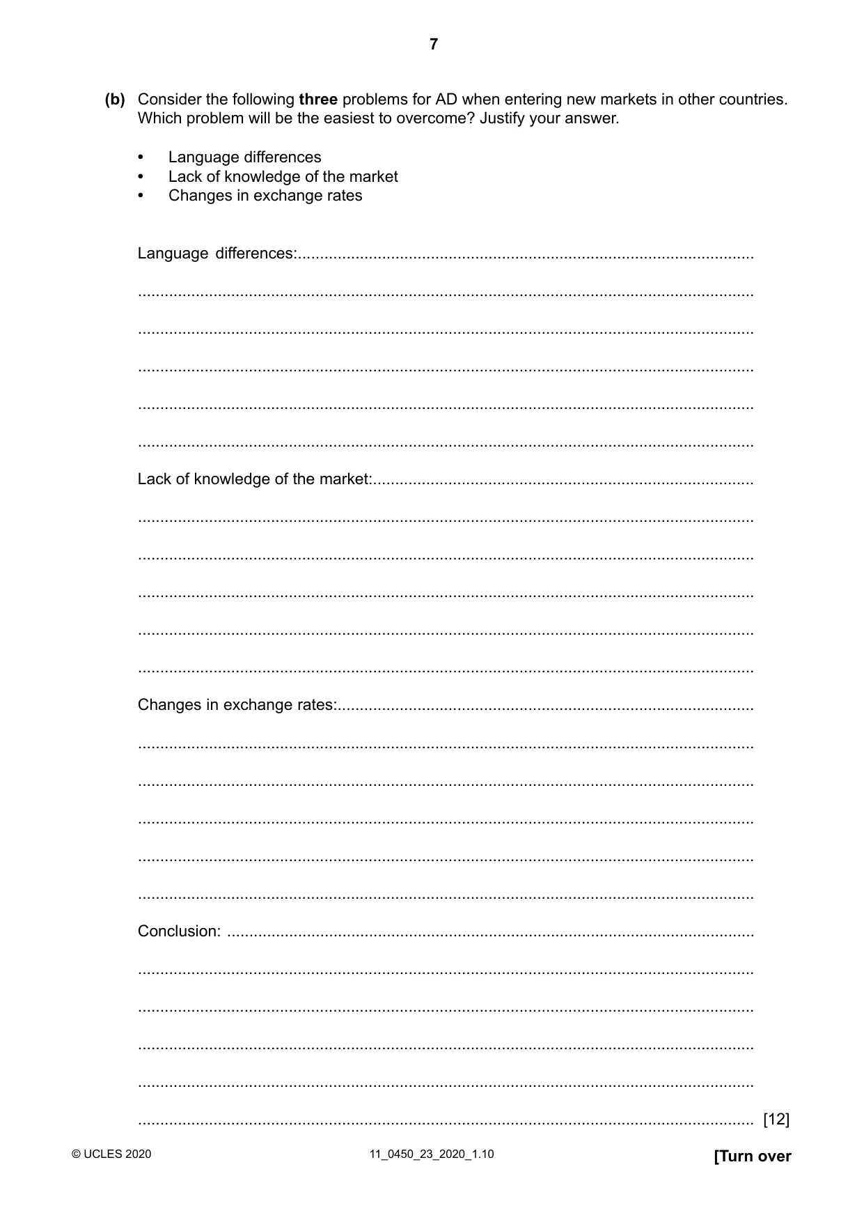 Cambridge IGCSE Business Studies 0450 2020 Oct/Nov Paper 2 · Variant 3 question paper, page 7 of 12