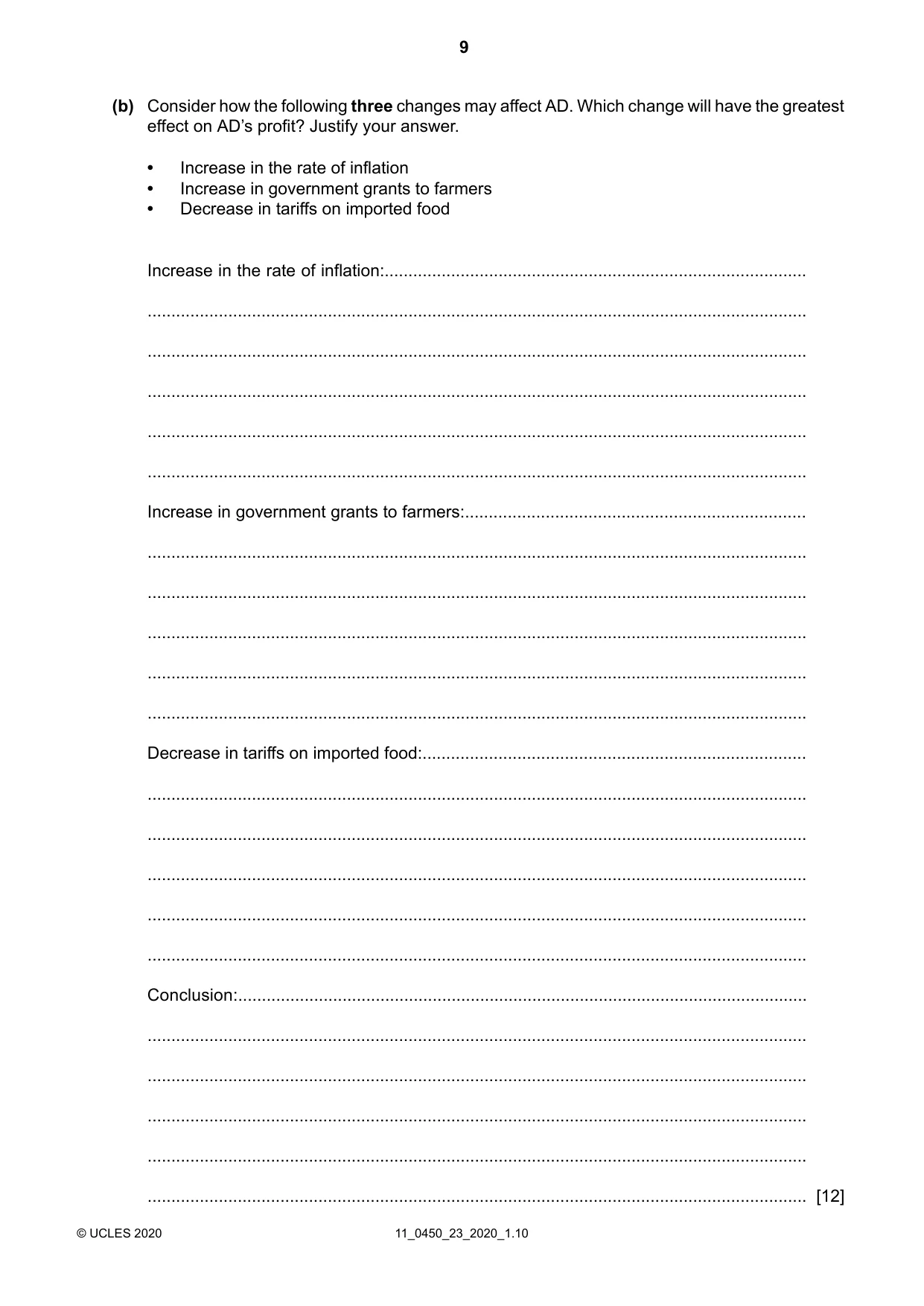 Cambridge IGCSE Business Studies 0450 2020 Oct/Nov Paper 2 · Variant 3 question paper, page 9 of 12