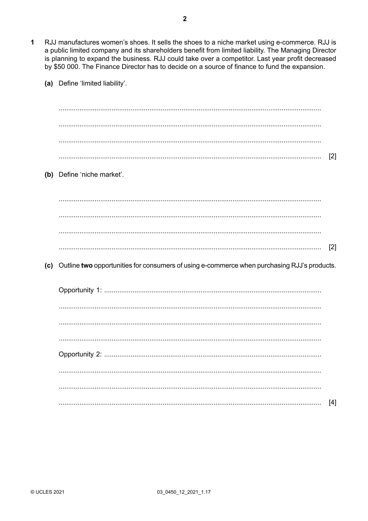 Cambridge IGCSE Business Studies 0450 2021 Feb/March Paper 1 · Variant 2 question paper, page 2 of 12
