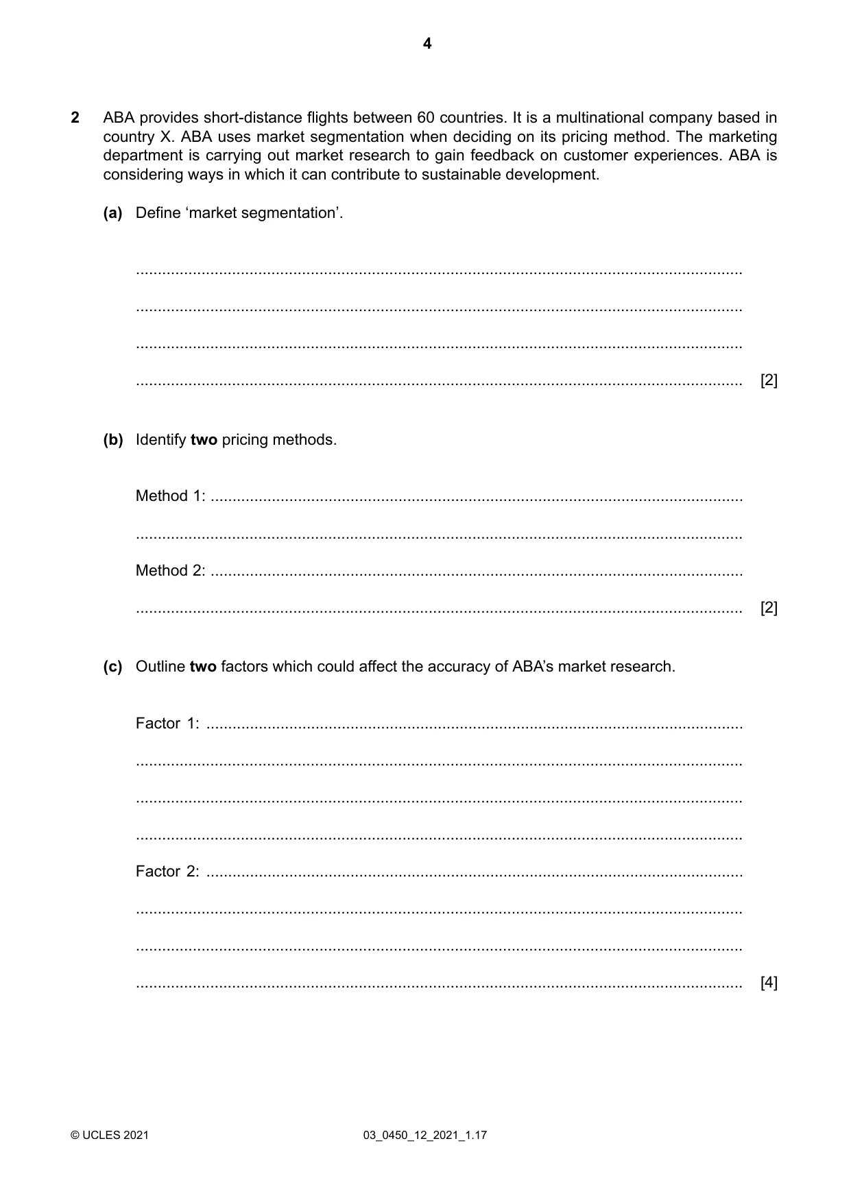 Cambridge IGCSE Business Studies 0450 2021 Feb/March Paper 1 · Variant 2 question paper, page 4 of 12
