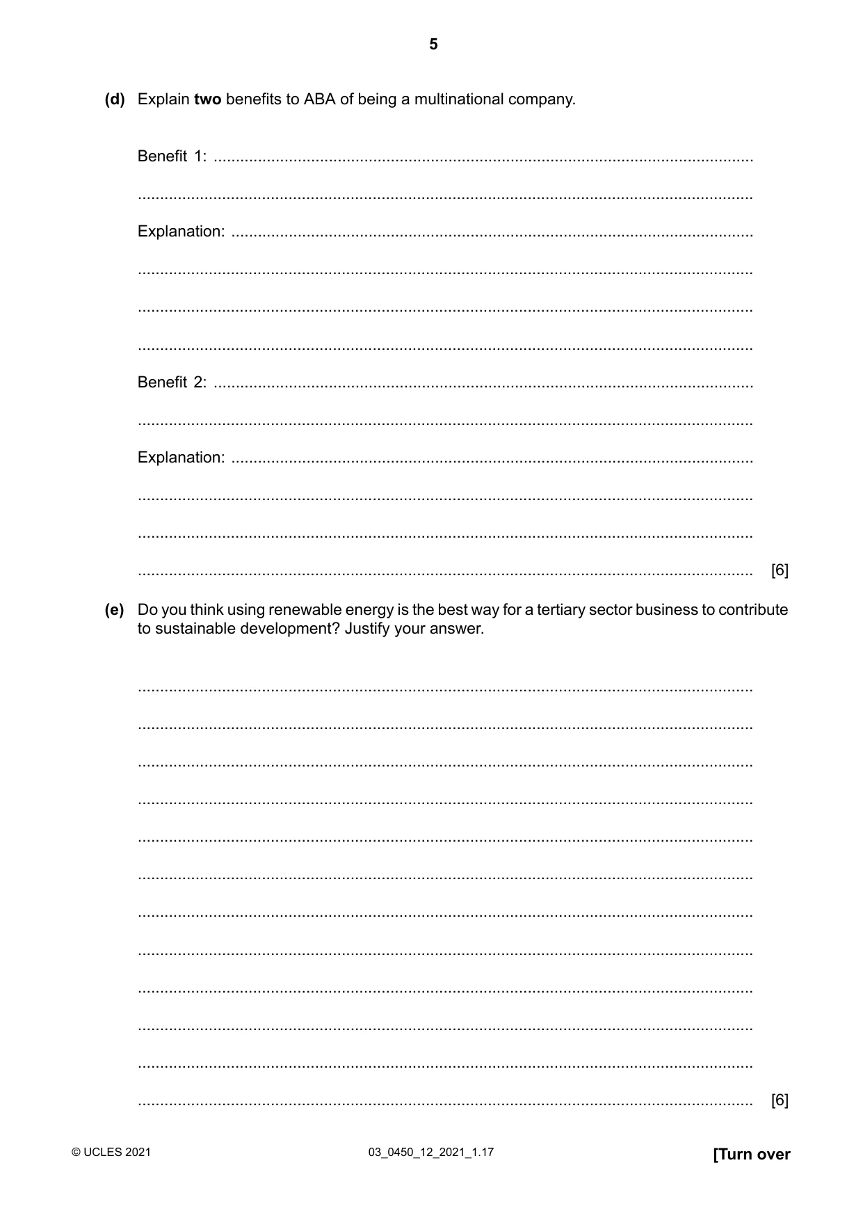 Cambridge IGCSE Business Studies 0450 2021 Feb/March Paper 1 · Variant 2 question paper, page 5 of 12