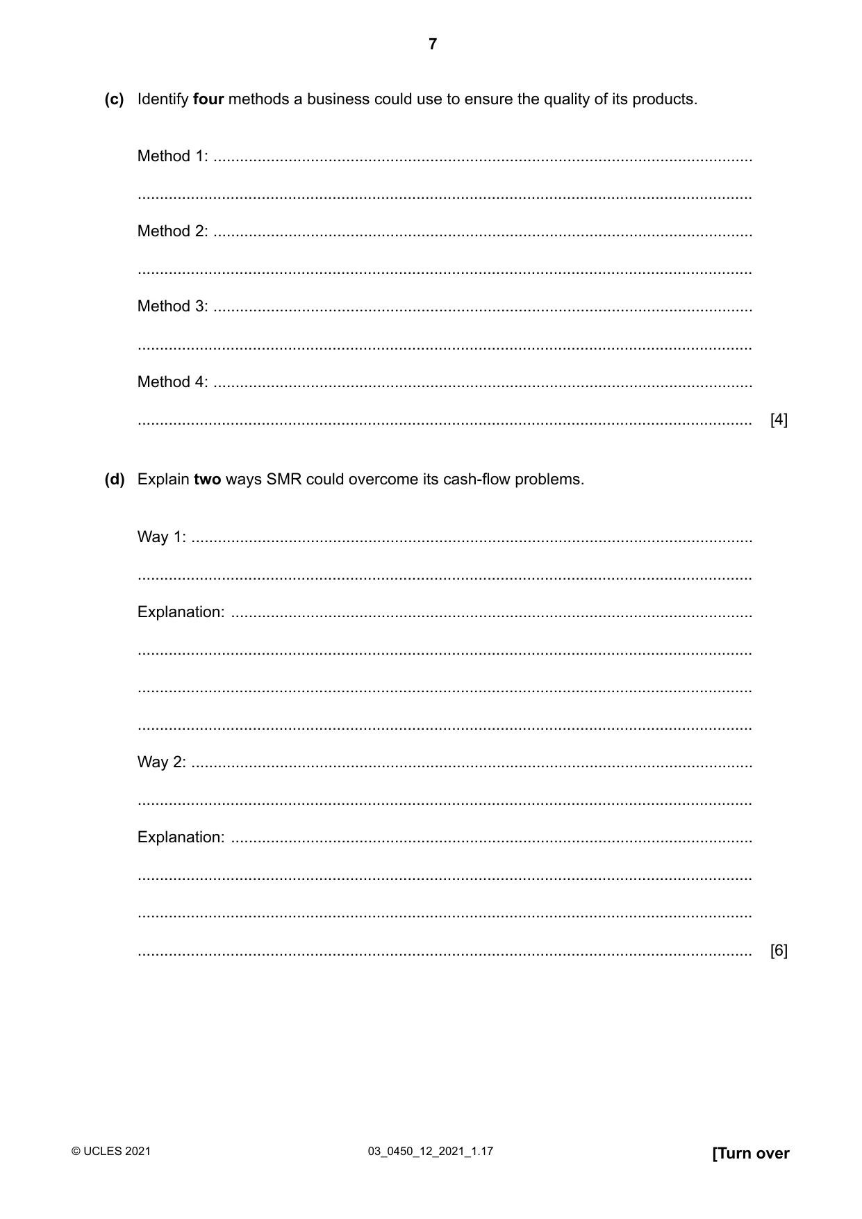 Cambridge IGCSE Business Studies 0450 2021 Feb/March Paper 1 · Variant 2 question paper, page 7 of 12