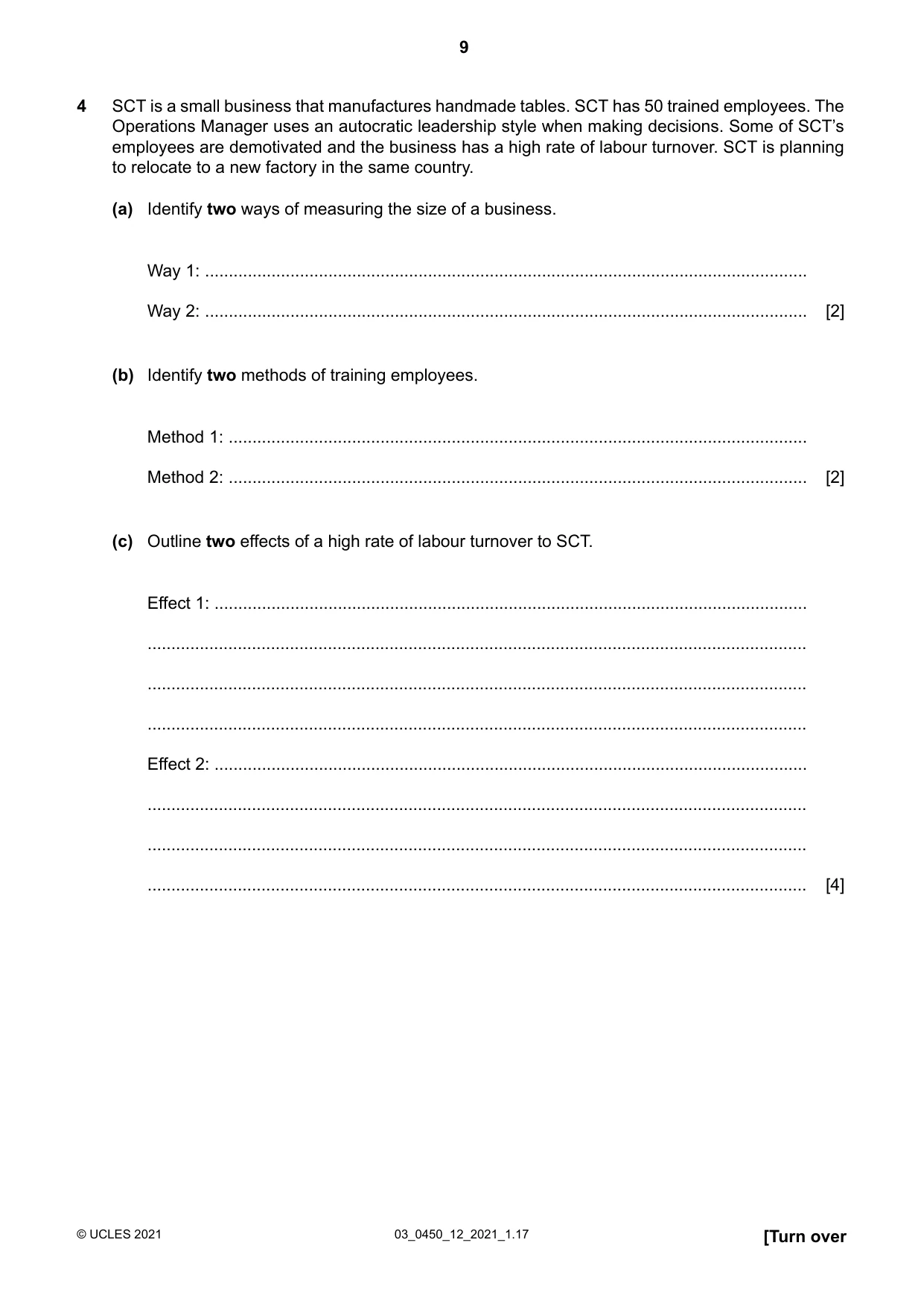 Cambridge IGCSE Business Studies 0450 2021 Feb/March Paper 1 · Variant 2 question paper, page 9 of 12