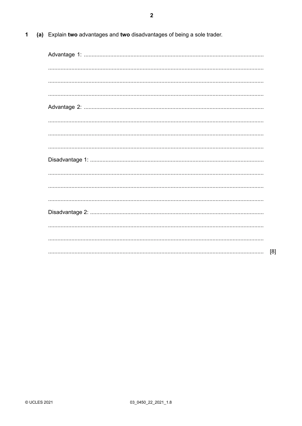 Cambridge IGCSE Business Studies 0450 2021 Feb/March Paper 2 · Variant 1 question paper, page 2 of 12
