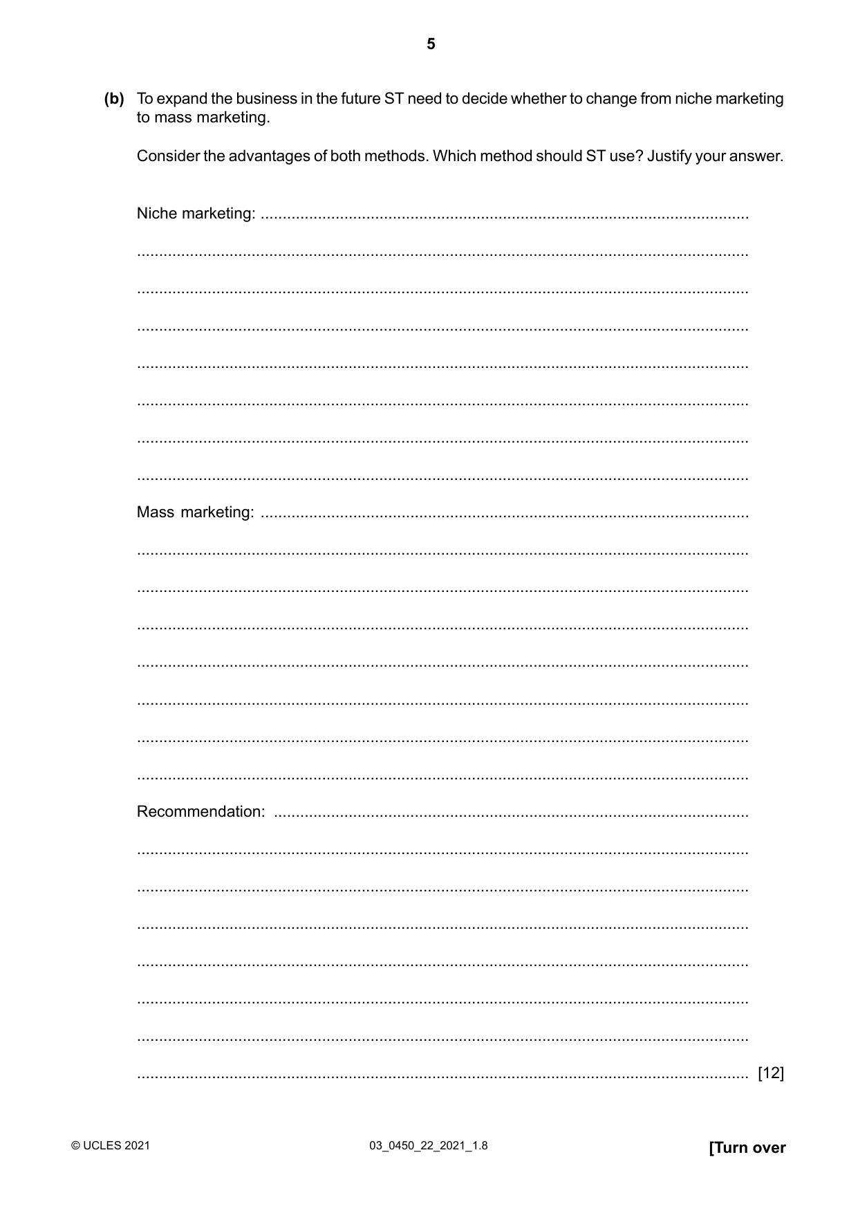 Cambridge IGCSE Business Studies 0450 2021 Feb/March Paper 2 · Variant 1 question paper, page 5 of 12