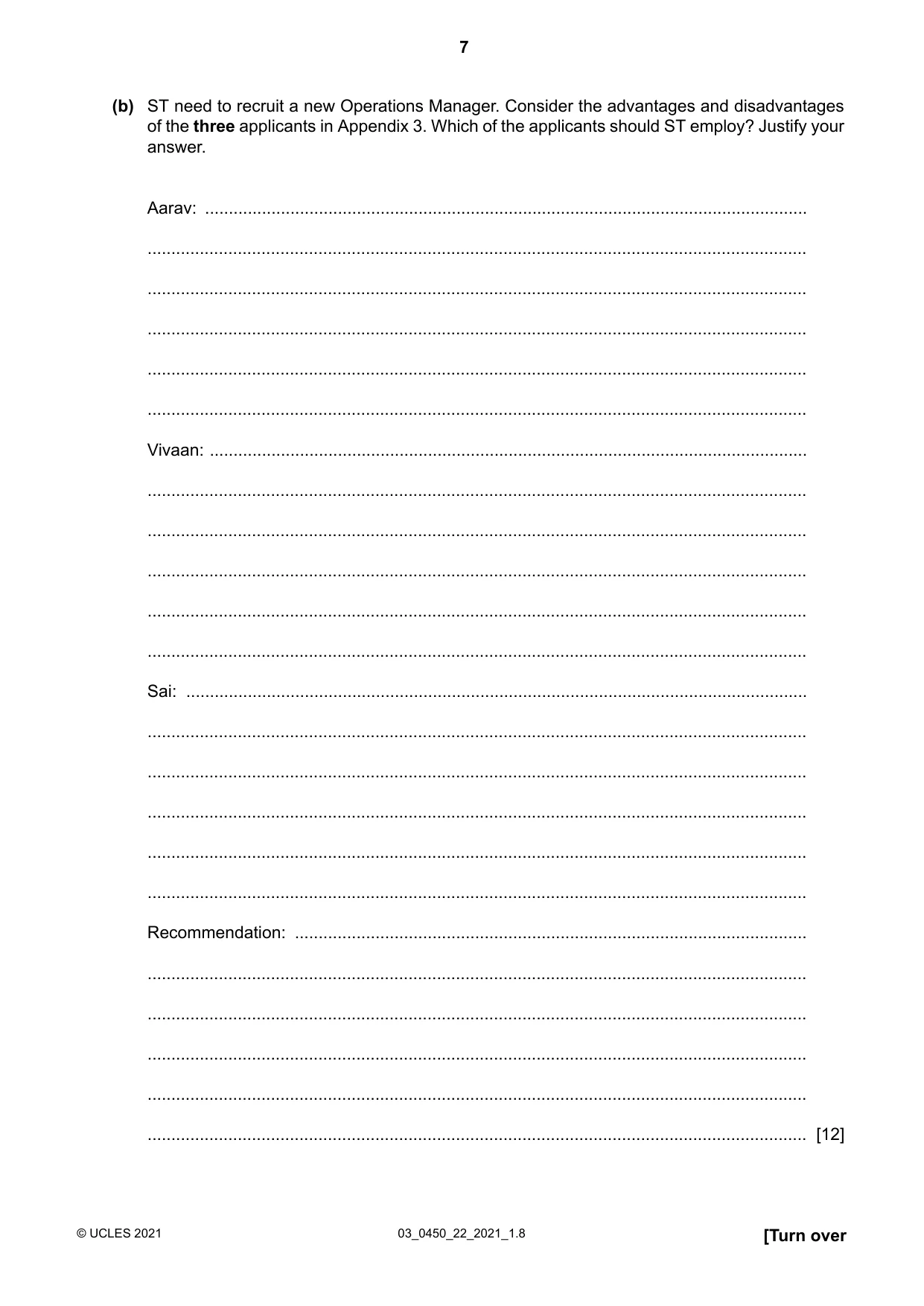 Cambridge IGCSE Business Studies 0450 2021 Feb/March Paper 2 · Variant 1 question paper, page 7 of 12
