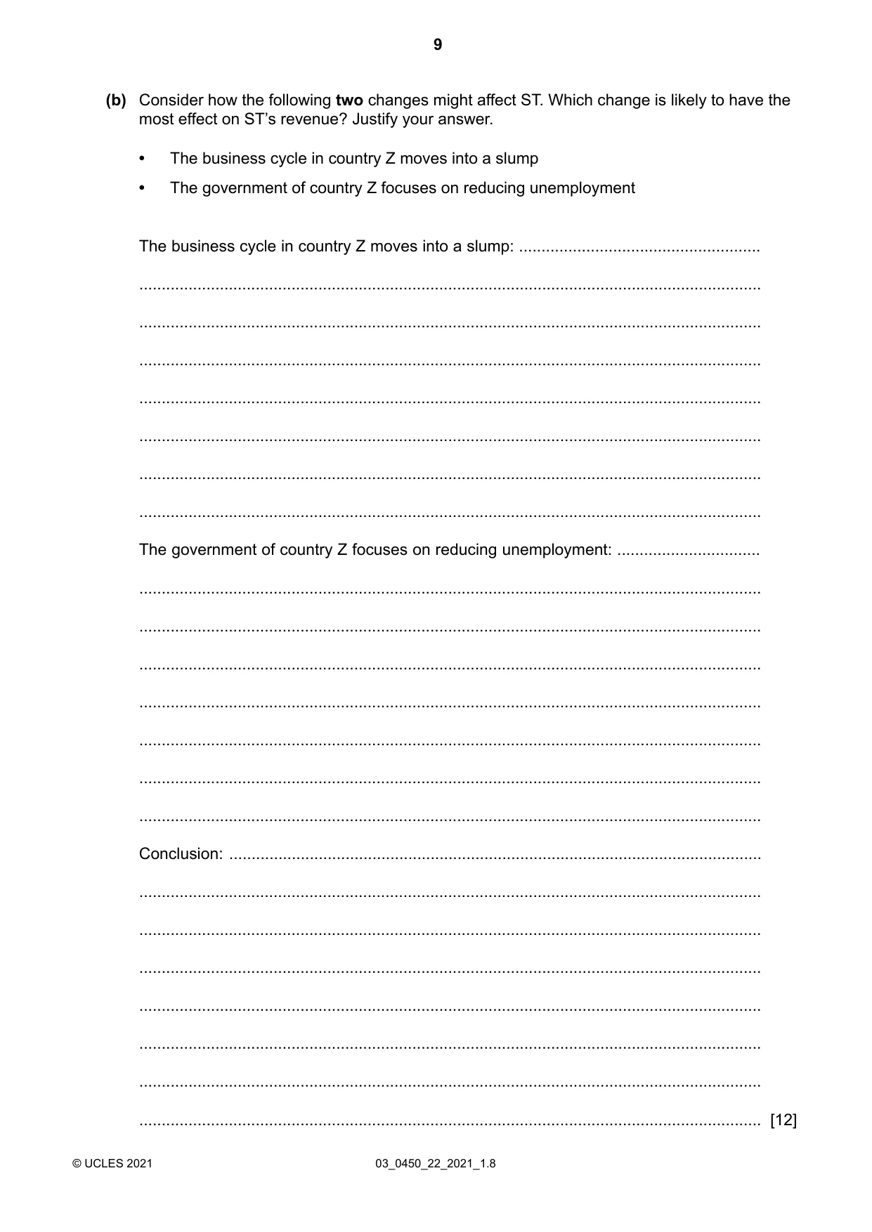 Cambridge IGCSE Business Studies 0450 2021 Feb/March Paper 2 · Variant 1 question paper, page 9 of 12