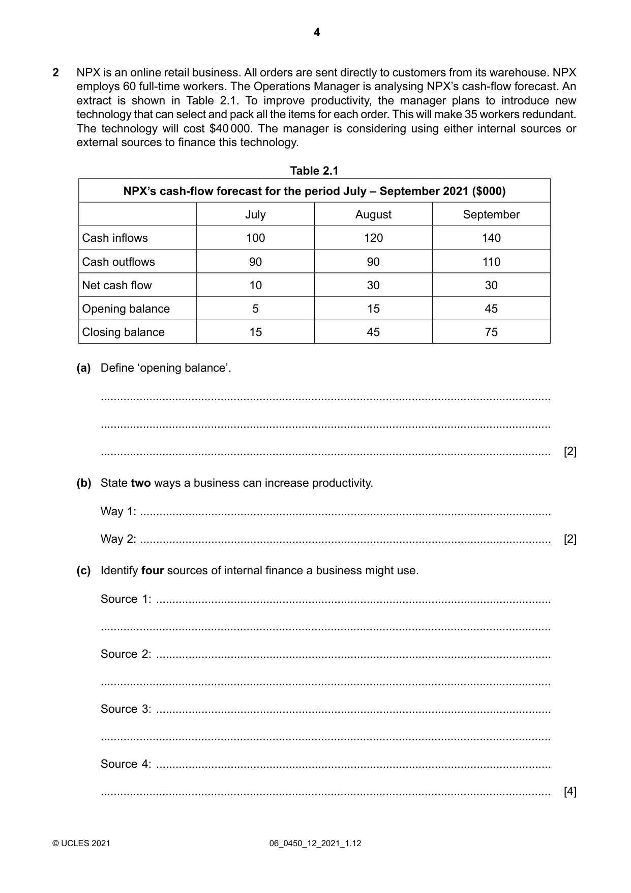 Cambridge IGCSE Business Studies 0450 2021 May/June Paper 1 · Variant 2 question paper, page 4 of 12
