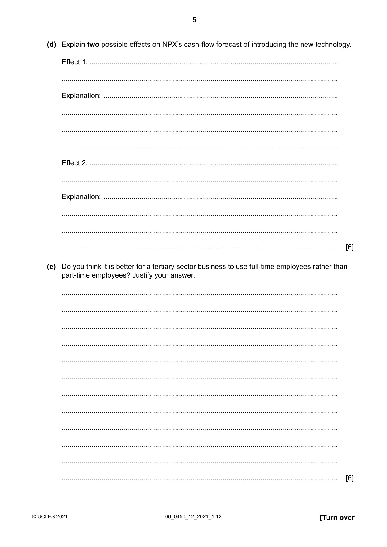 Cambridge IGCSE Business Studies 0450 2021 May/June Paper 1 · Variant 2 question paper, page 5 of 12
