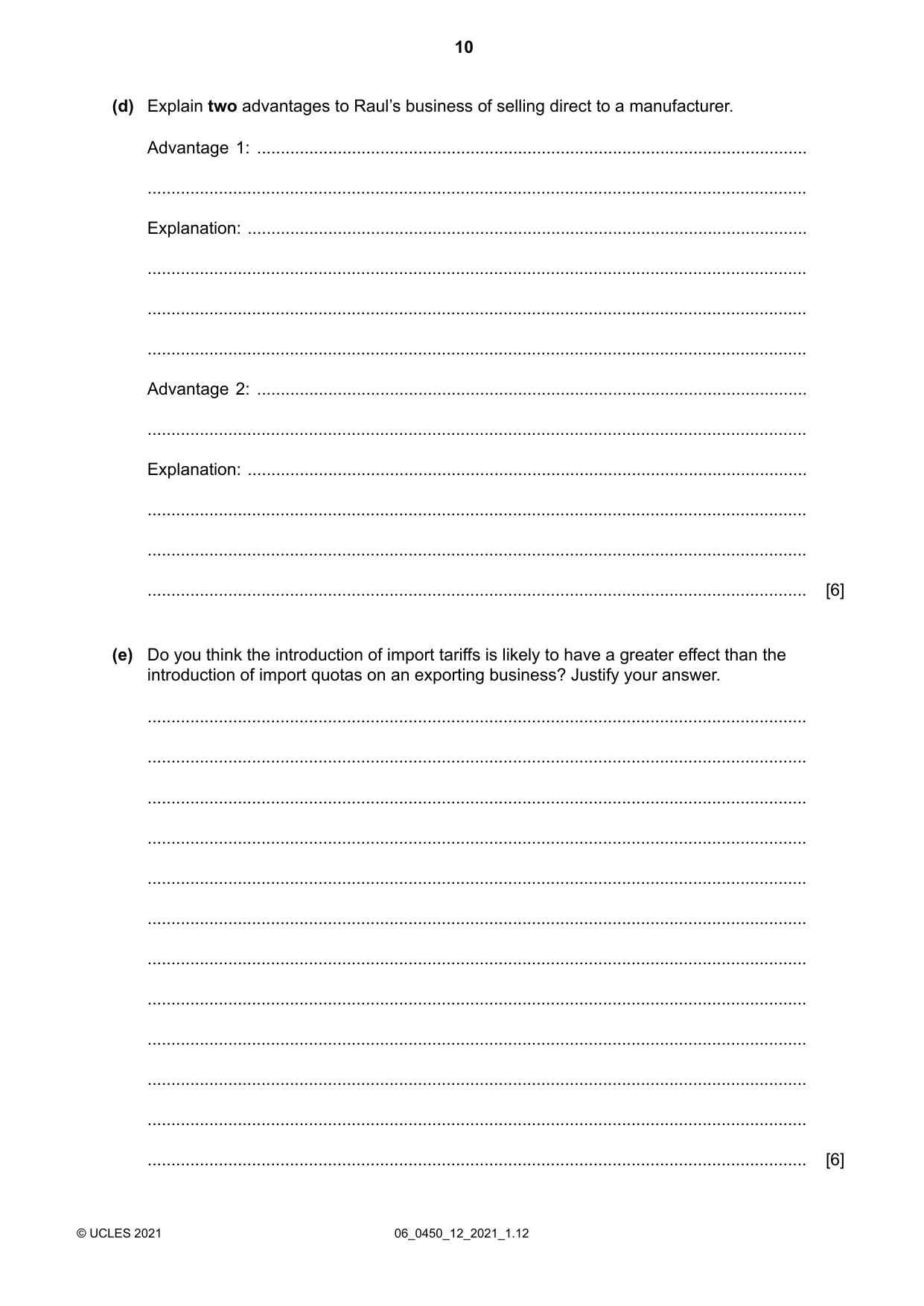 Cambridge IGCSE Business Studies 0450 2021 May/June Paper 1 · Variant 2 question paper, page 10 of 12