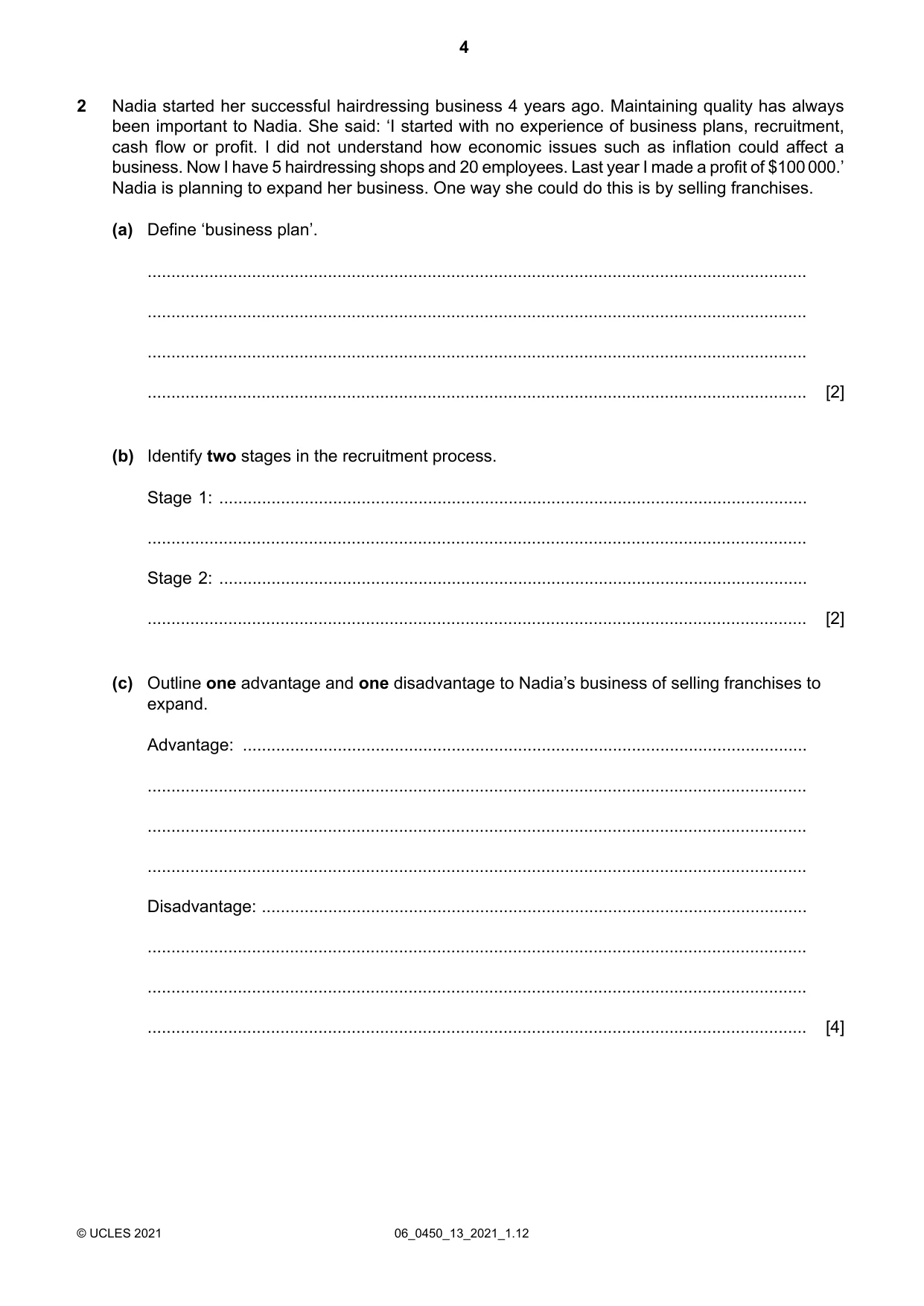 Cambridge IGCSE Business Studies 0450 2021 May/June Paper 1 · Variant 3 question paper, page 4 of 12