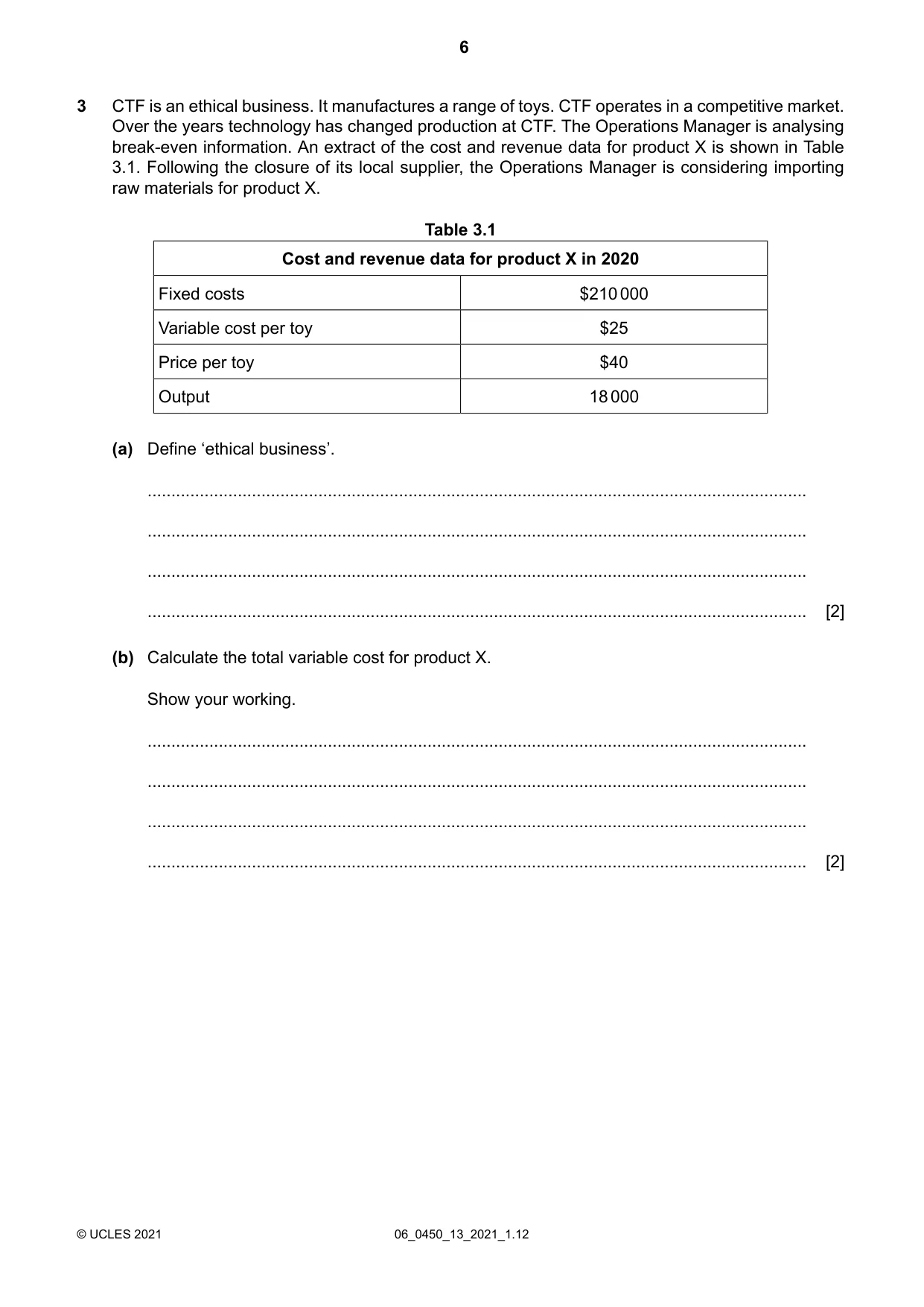 Cambridge IGCSE Business Studies 0450 2021 May/June Paper 1 · Variant 3 question paper, page 6 of 12