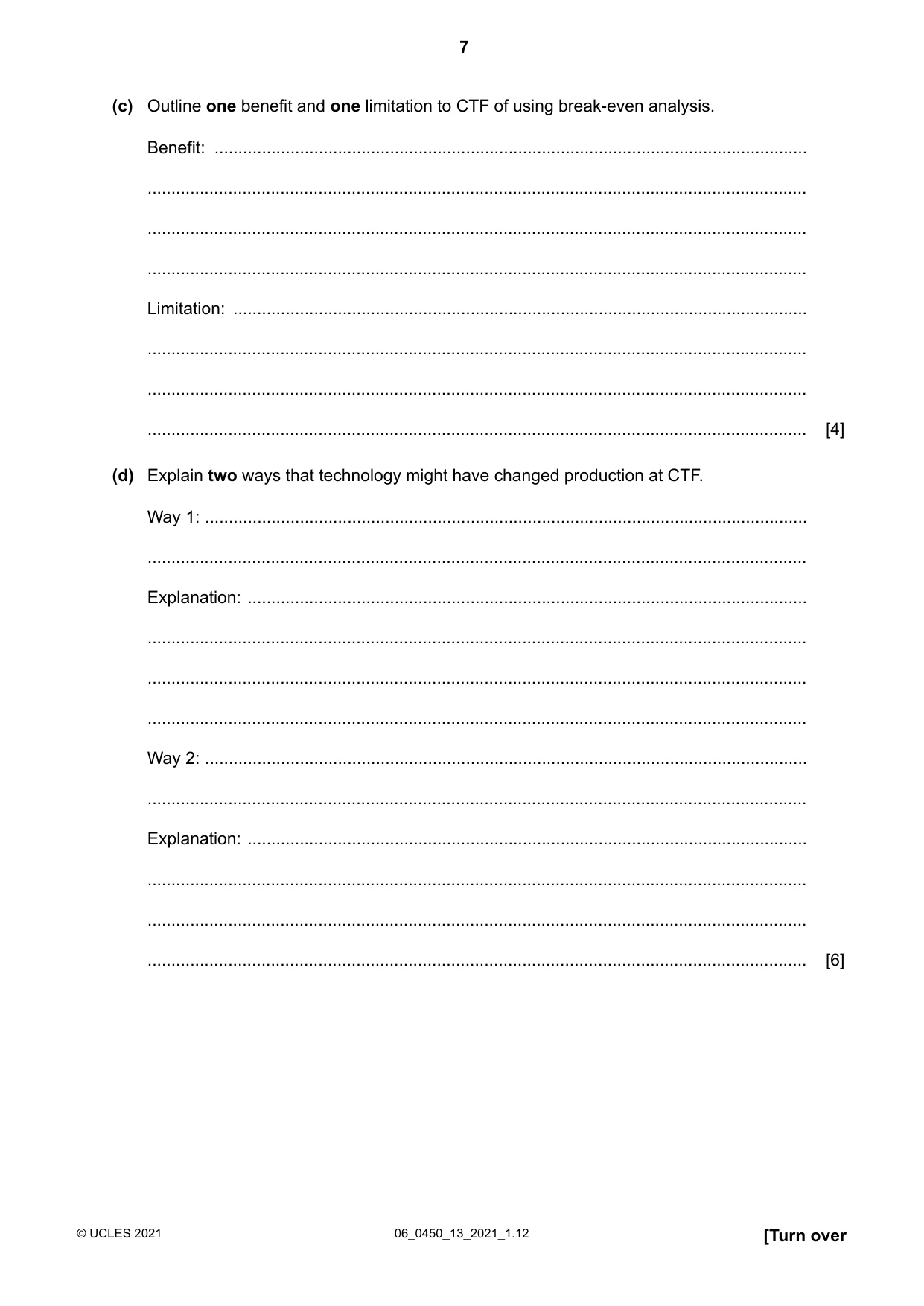 Cambridge IGCSE Business Studies 0450 2021 May/June Paper 1 · Variant 3 question paper, page 7 of 12