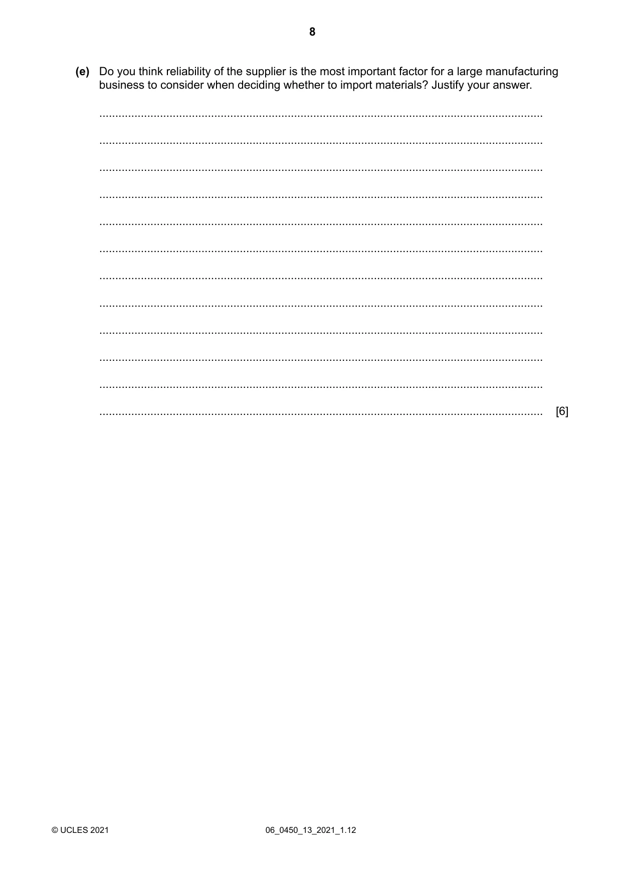 Cambridge IGCSE Business Studies 0450 2021 May/June Paper 1 · Variant 3 question paper, page 8 of 12
