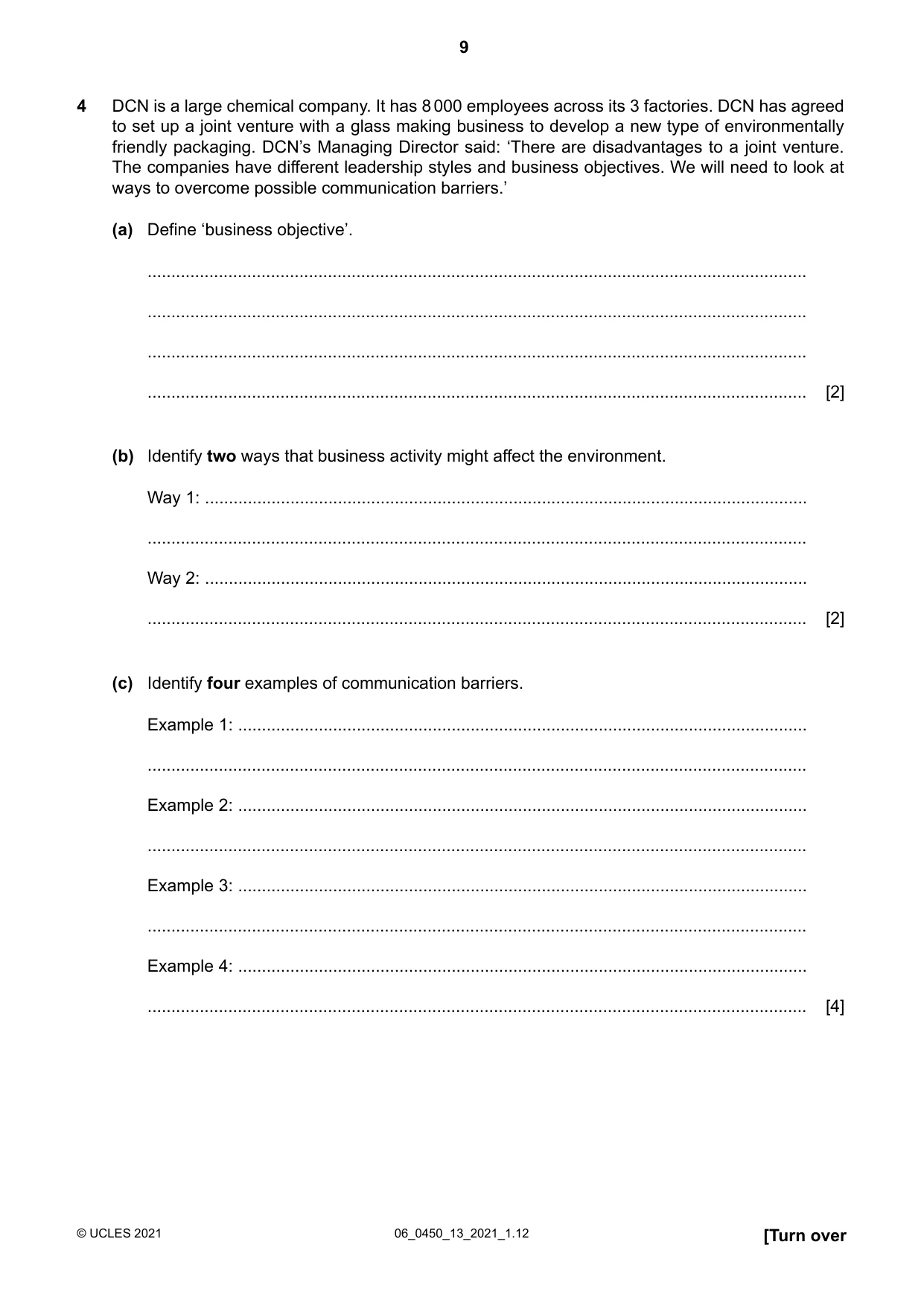 Cambridge IGCSE Business Studies 0450 2021 May/June Paper 1 · Variant 3 question paper, page 9 of 12