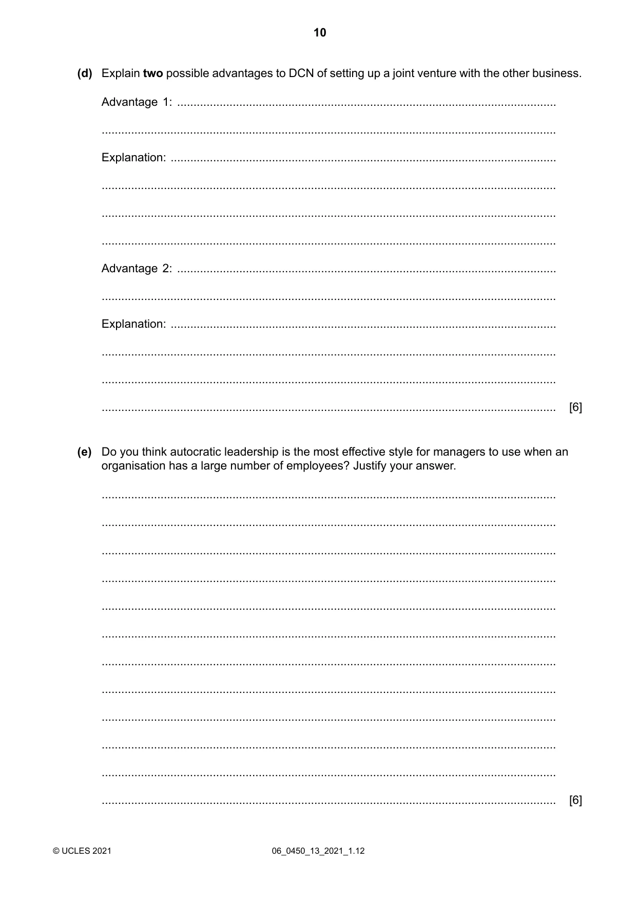 Cambridge IGCSE Business Studies 0450 2021 May/June Paper 1 · Variant 3 question paper, page 10 of 12