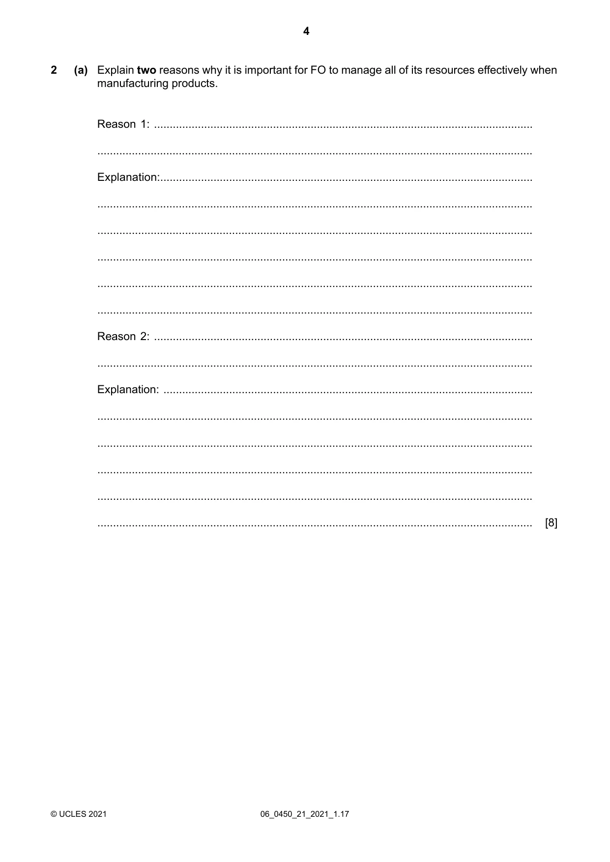 Cambridge IGCSE Business Studies 0450 2021 May/June Paper 2 · Variant 1 question paper, page 4 of 12