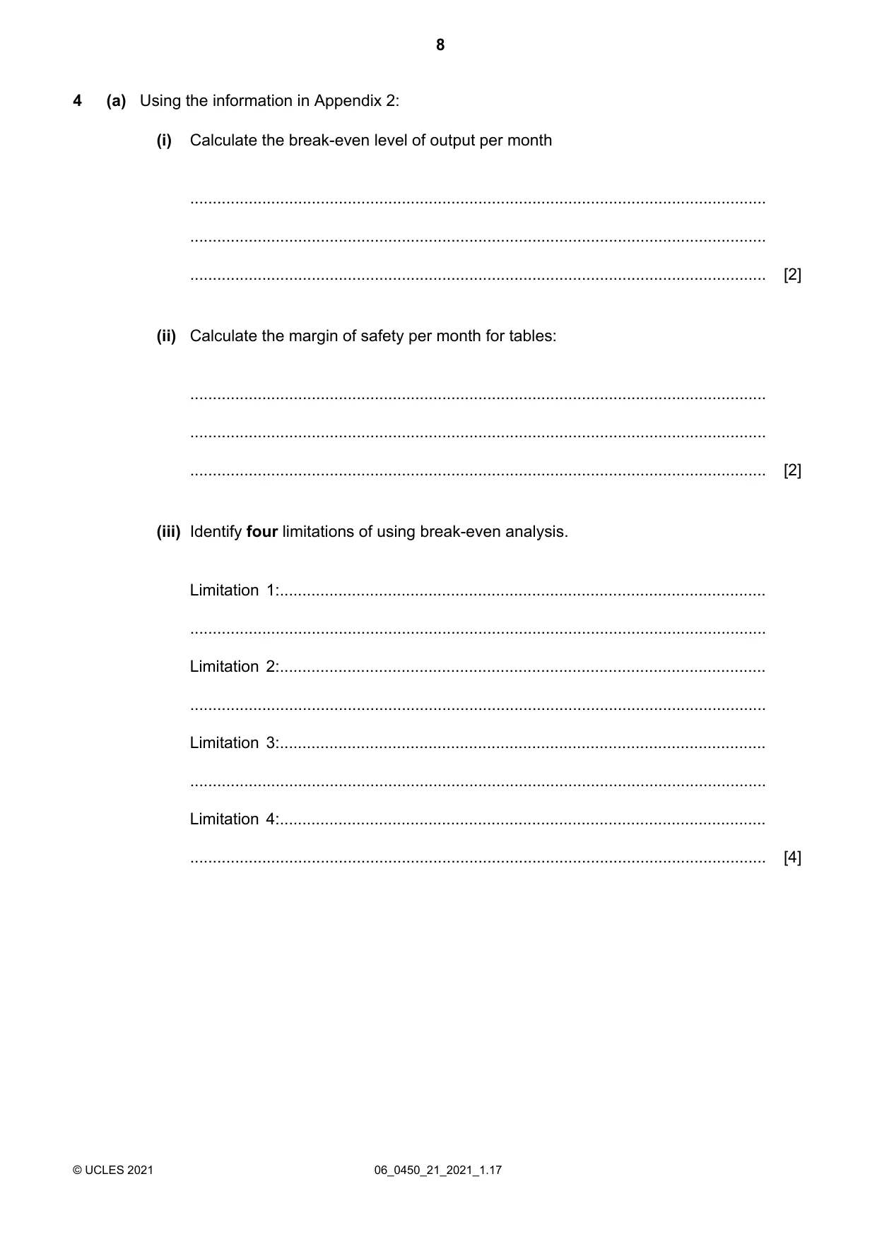 Cambridge IGCSE Business Studies 0450 2021 May/June Paper 2 · Variant 1 question paper, page 8 of 12