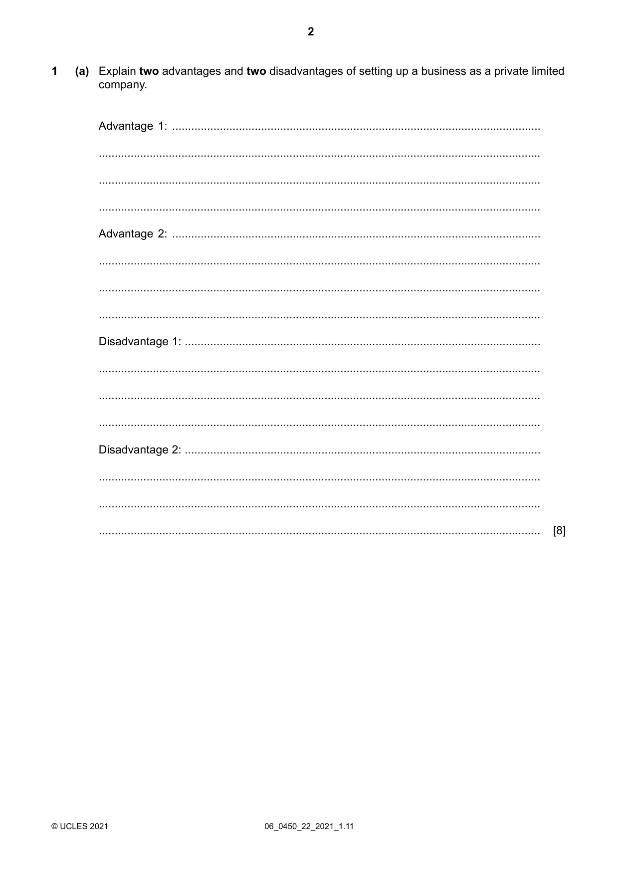 Cambridge IGCSE Business Studies 0450 2021 May/June Paper 2 · Variant 2 question paper, page 2 of 12