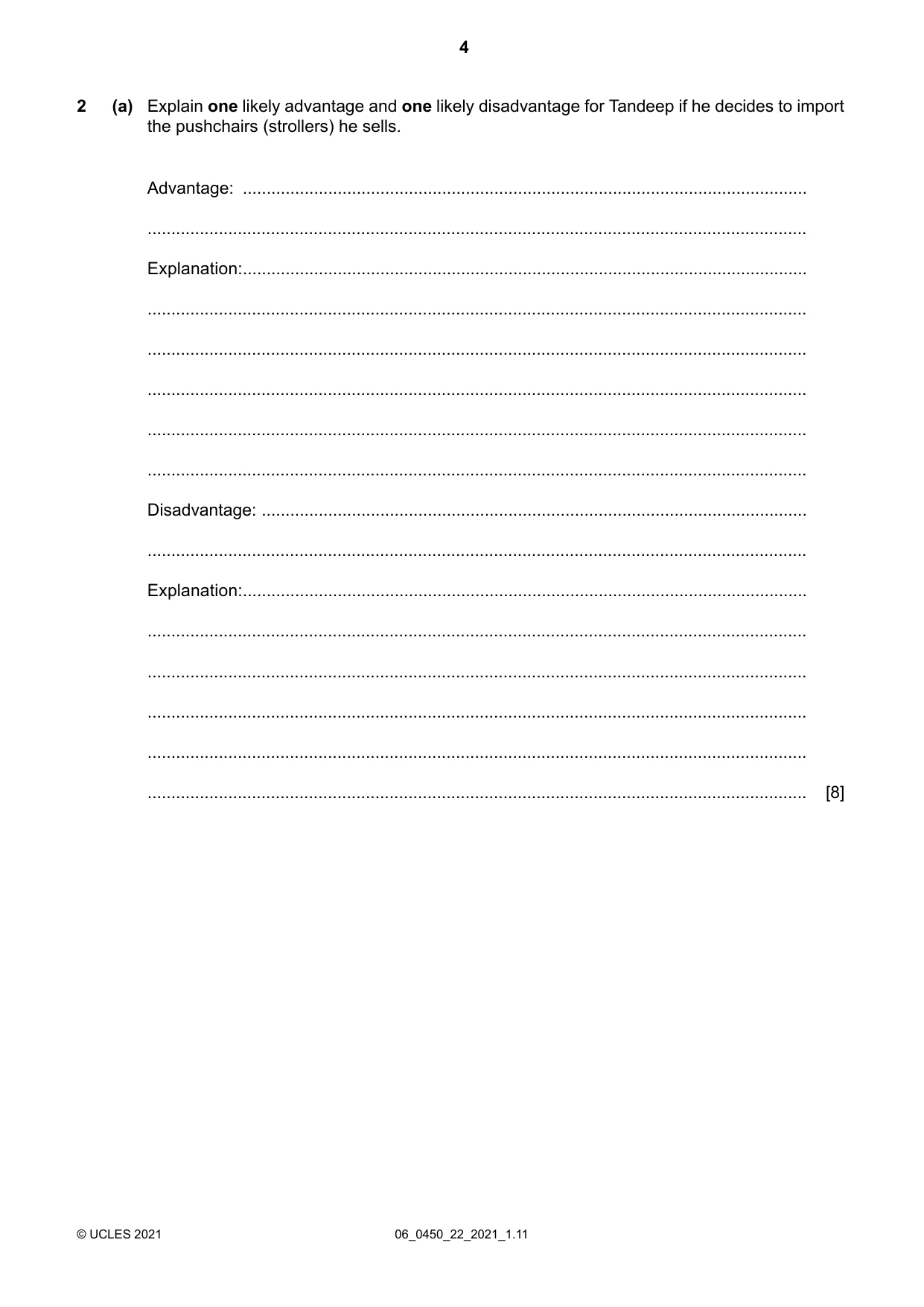 Cambridge IGCSE Business Studies 0450 2021 May/June Paper 2 · Variant 2 question paper, page 4 of 12