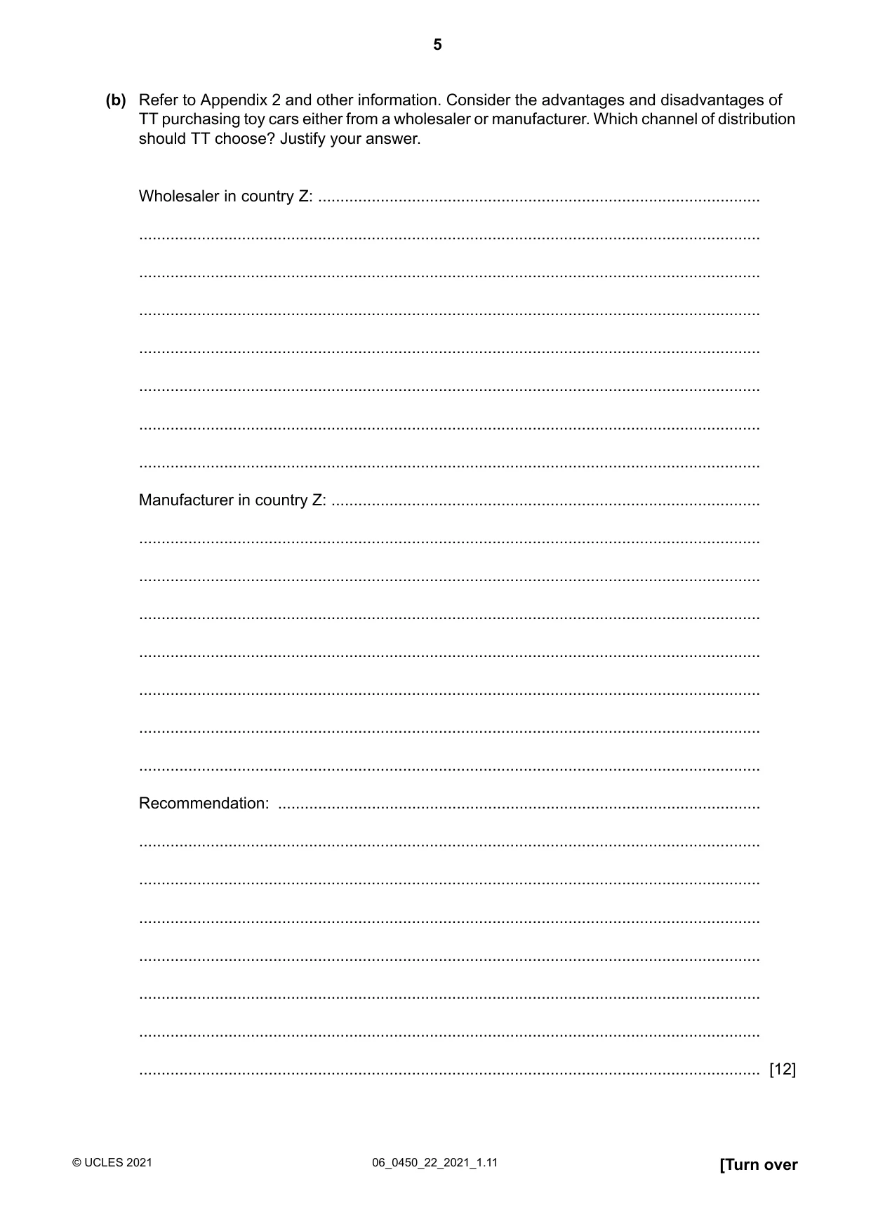 Cambridge IGCSE Business Studies 0450 2021 May/June Paper 2 · Variant 2 question paper, page 5 of 12