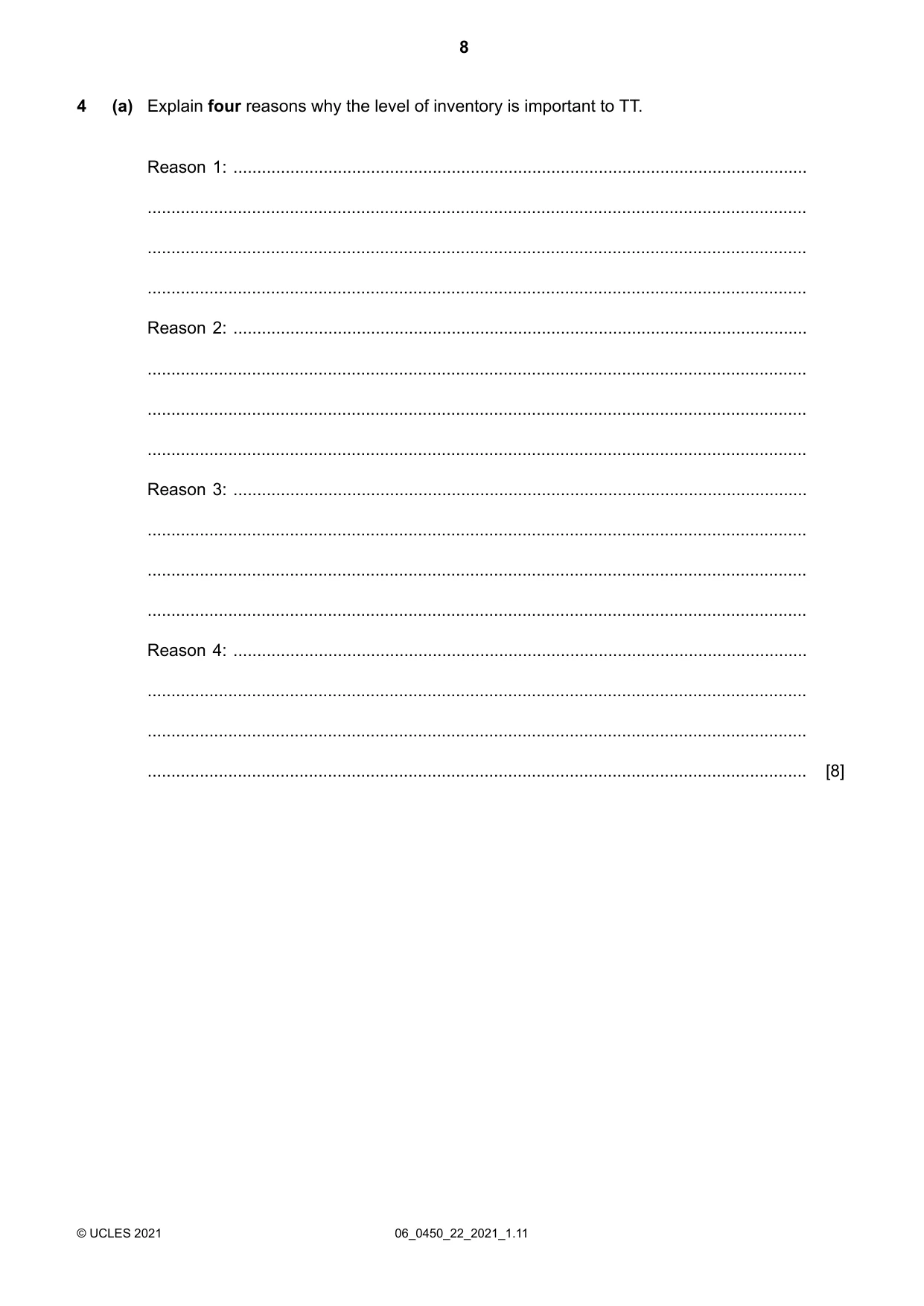 Cambridge IGCSE Business Studies 0450 2021 May/June Paper 2 · Variant 2 question paper, page 8 of 12
