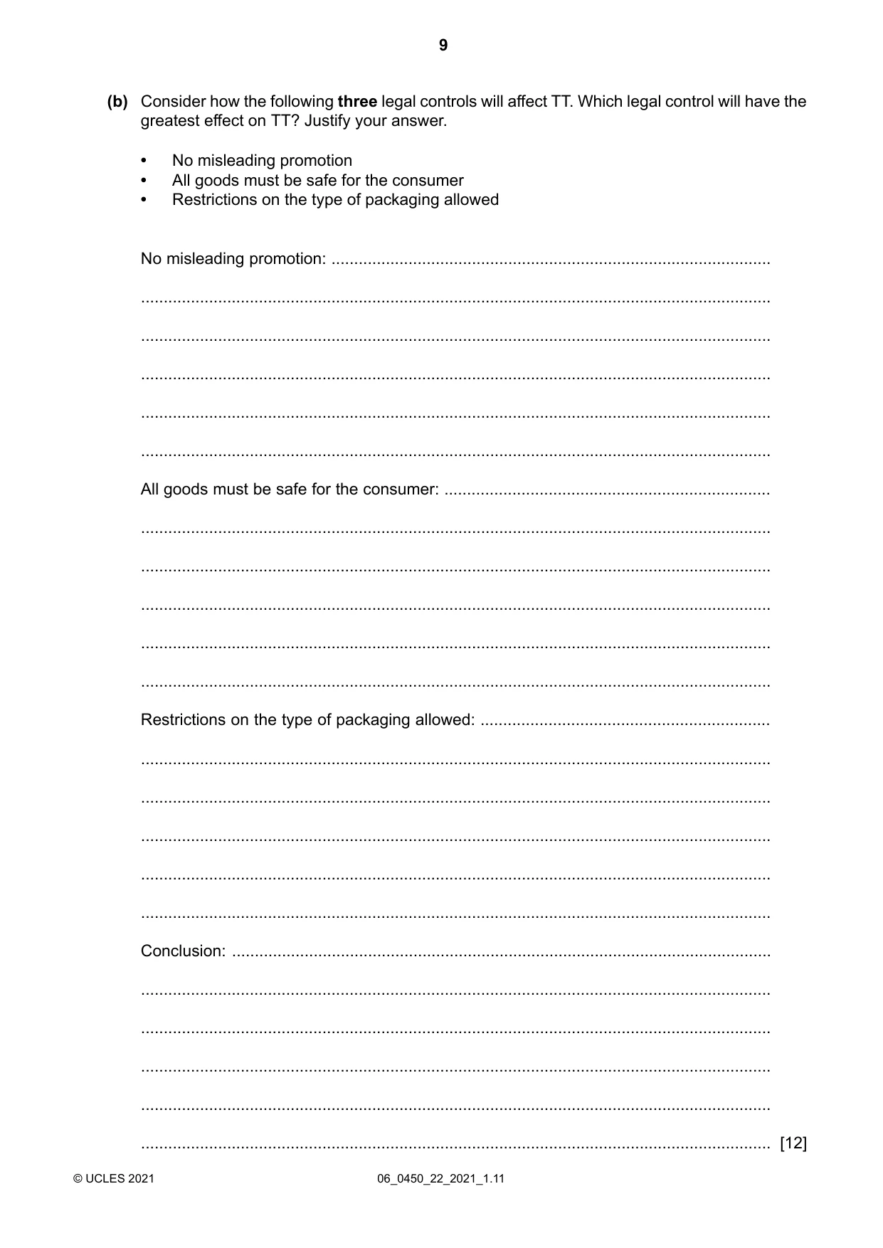 Cambridge IGCSE Business Studies 0450 2021 May/June Paper 2 · Variant 2 question paper, page 9 of 12