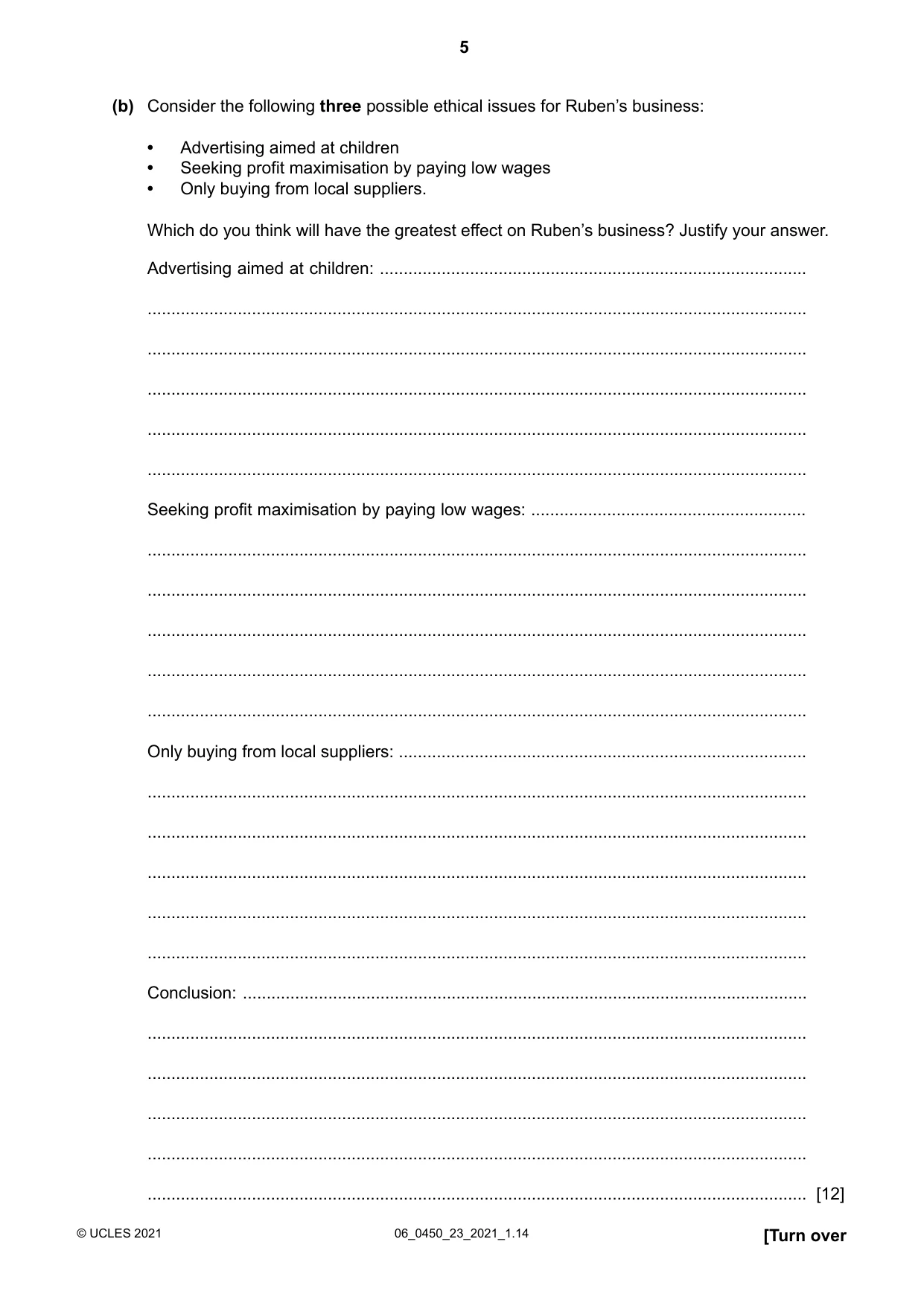Cambridge IGCSE Business Studies 0450 2021 May/June Paper 2 · Variant 3 question paper, page 5 of 12