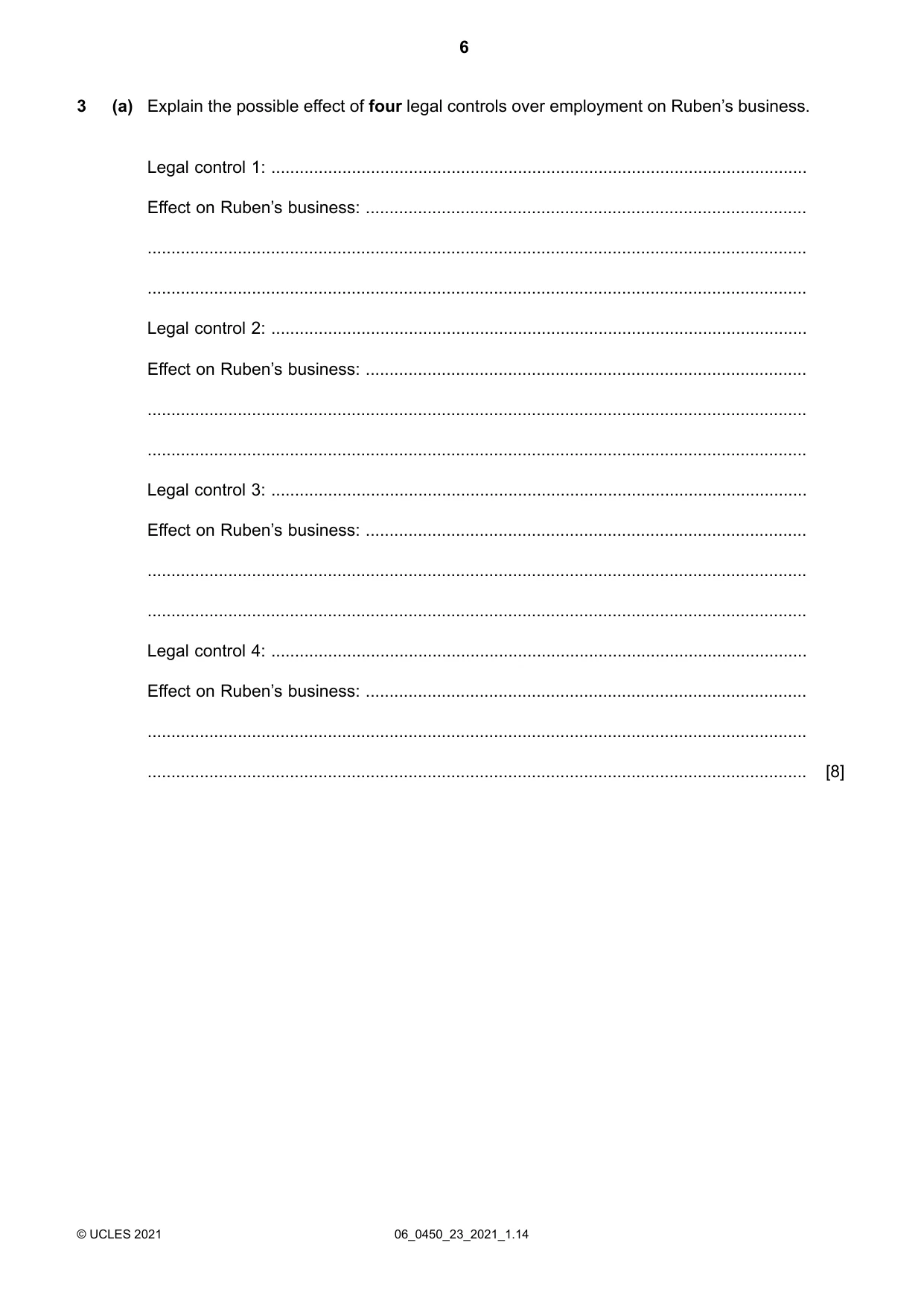 Cambridge IGCSE Business Studies 0450 2021 May/June Paper 2 · Variant 3 question paper, page 6 of 12