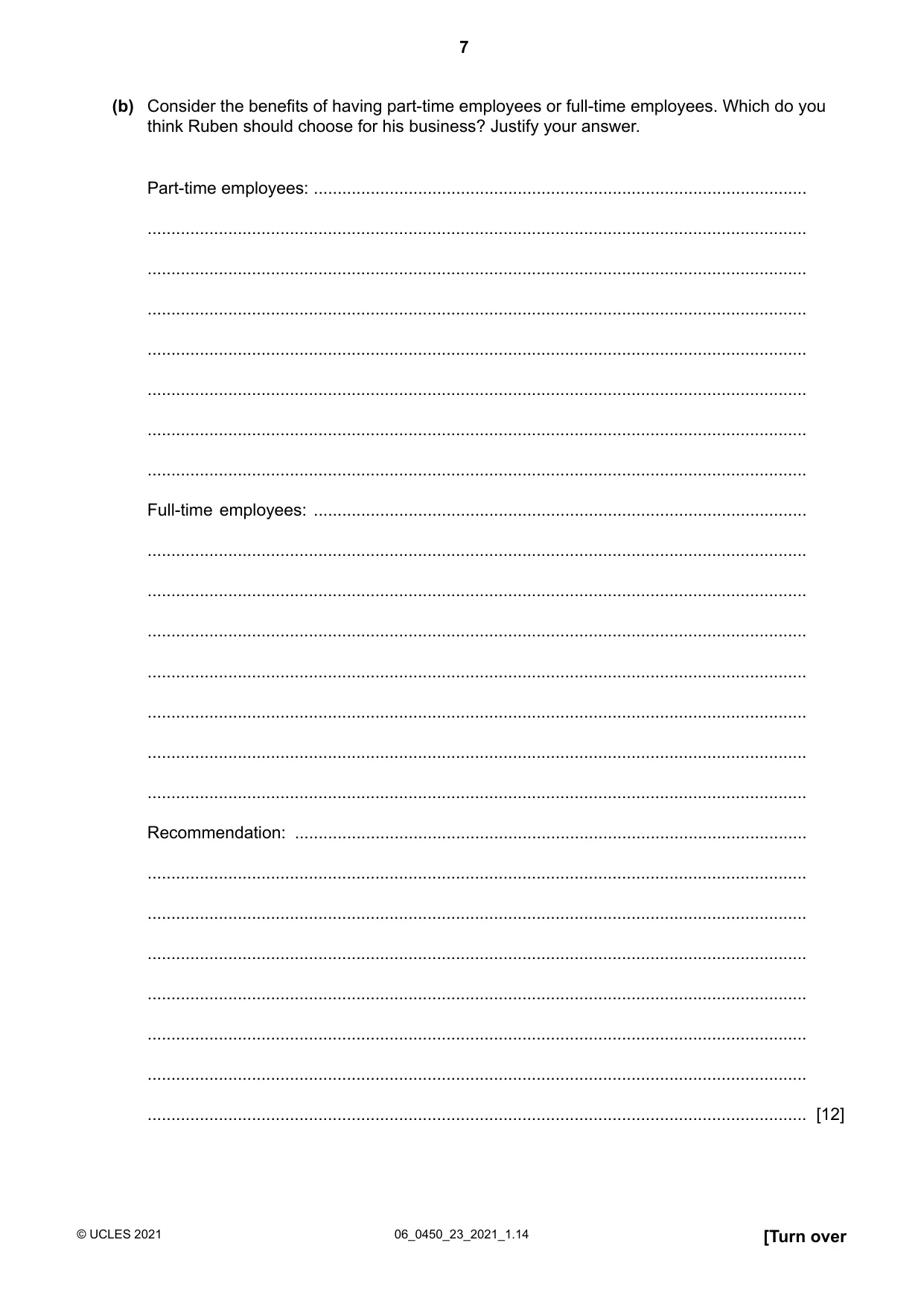 Cambridge IGCSE Business Studies 0450 2021 May/June Paper 2 · Variant 3 question paper, page 7 of 12