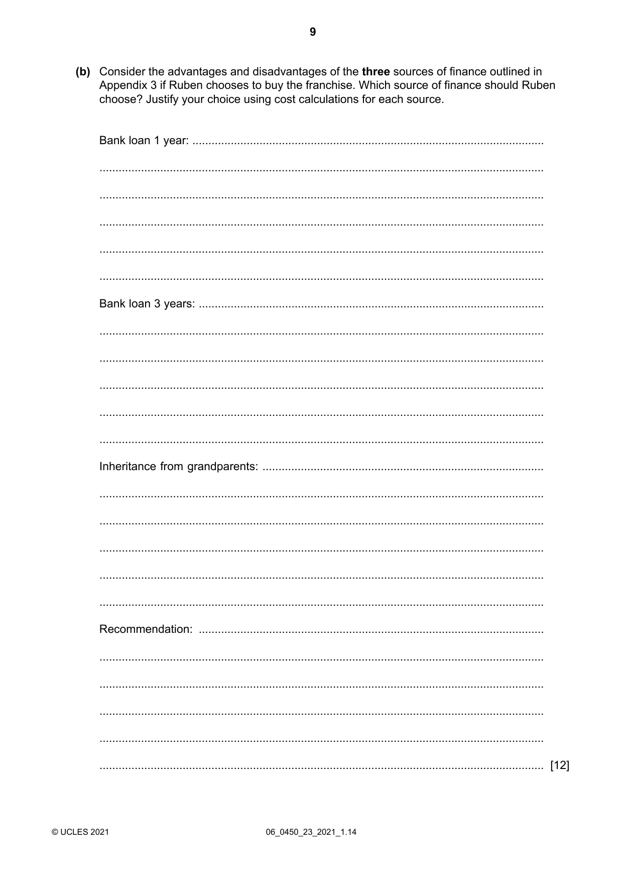 Cambridge IGCSE Business Studies 0450 2021 May/June Paper 2 · Variant 3 question paper, page 9 of 12