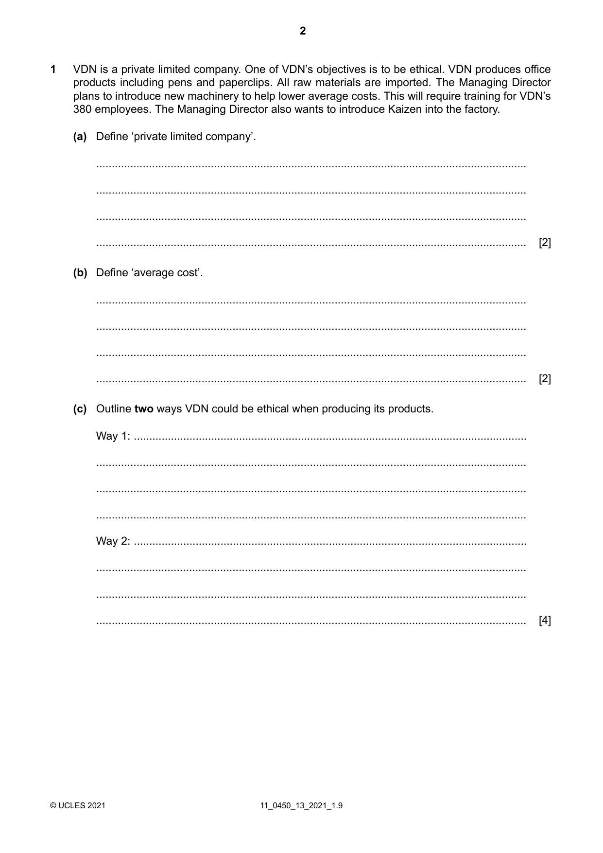 Cambridge IGCSE Business Studies 0450 2021 Oct/Nov Paper 1 · Variant 3 question paper, page 2 of 12