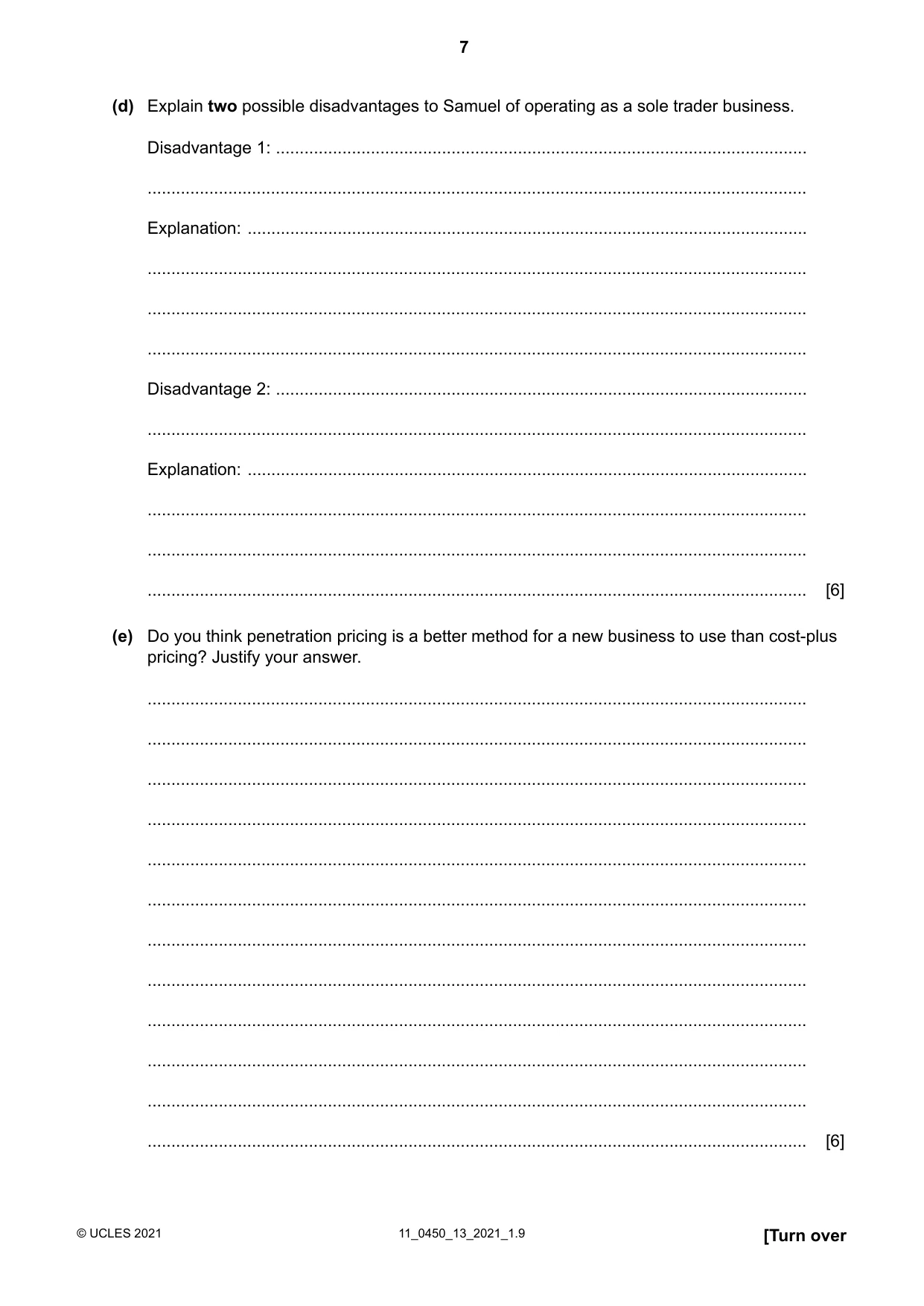 Cambridge IGCSE Business Studies 0450 2021 Oct/Nov Paper 1 · Variant 3 question paper, page 7 of 12