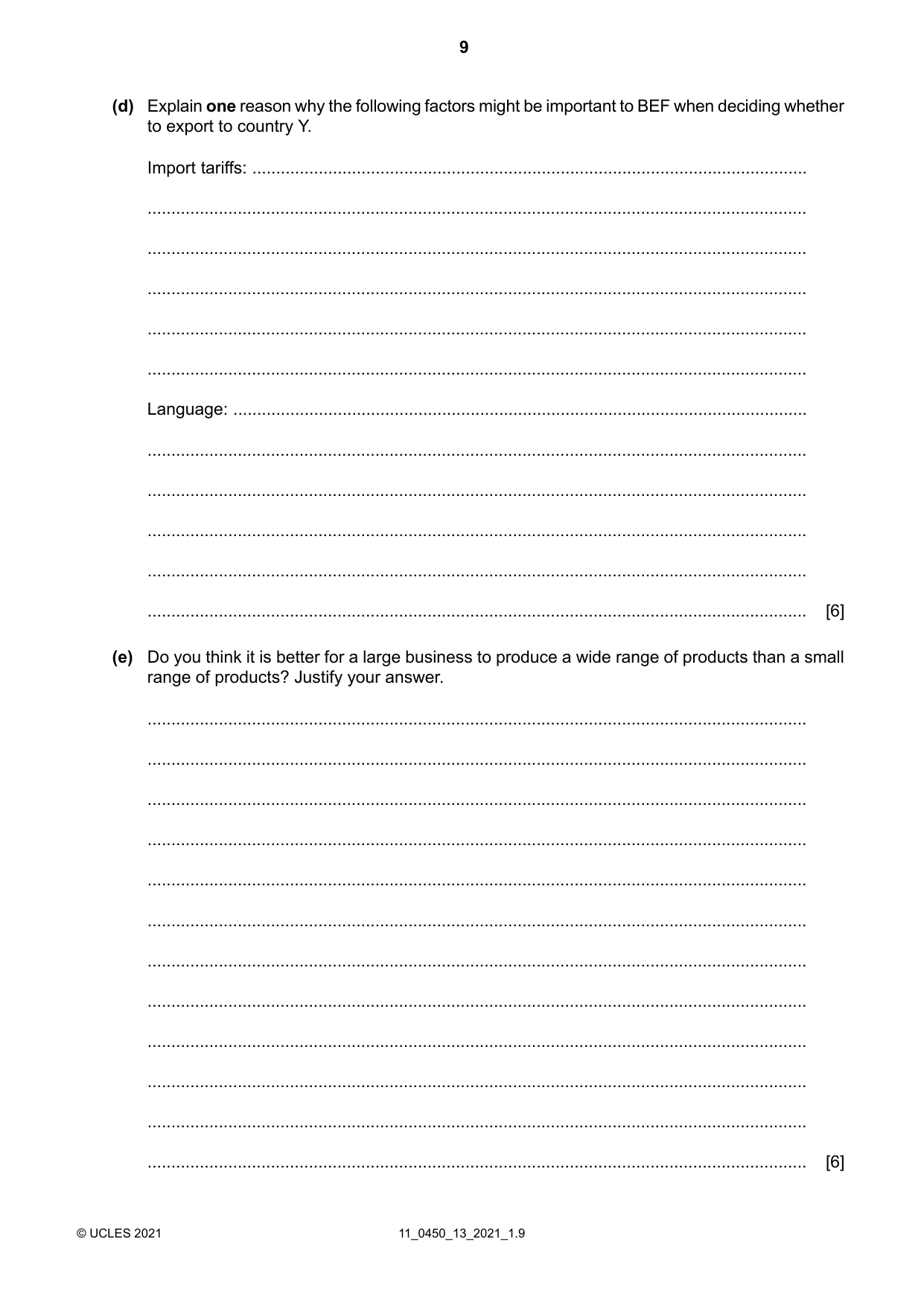 Cambridge IGCSE Business Studies 0450 2021 Oct/Nov Paper 1 · Variant 3 question paper, page 9 of 12