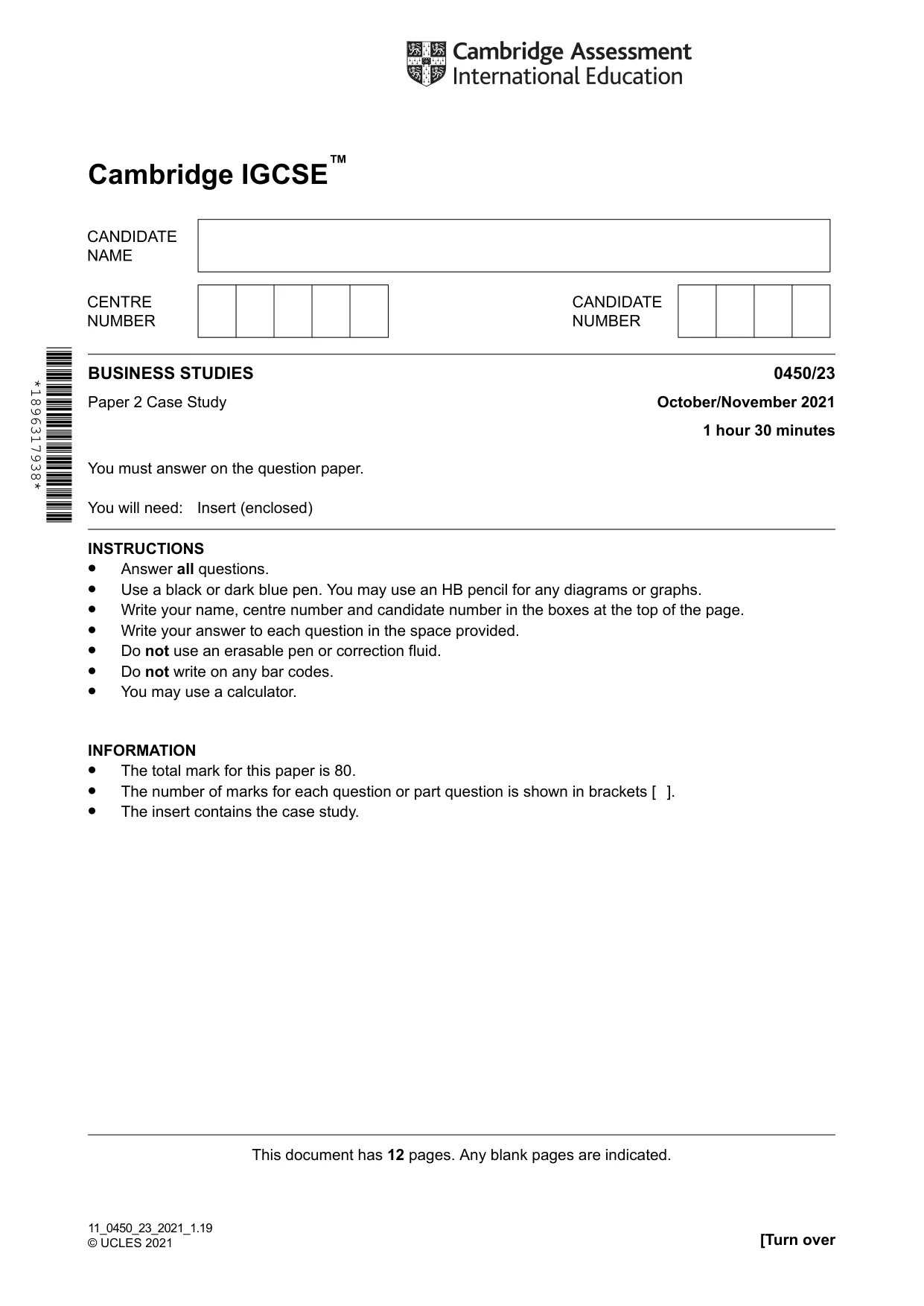 Cambridge IGCSE Business Studies 0450 2021 Oct/Nov Paper 2 · Variant 3 question paper, page 1 of 12