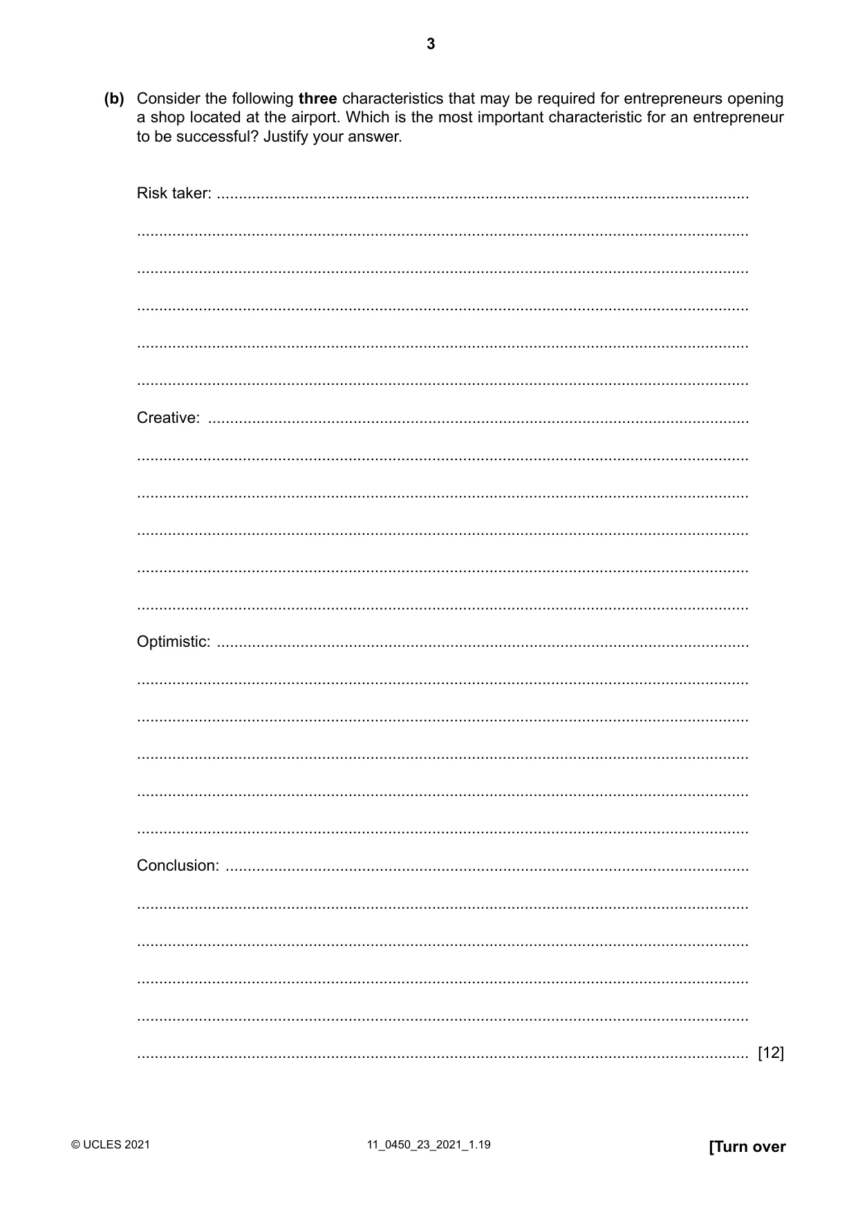 Cambridge IGCSE Business Studies 0450 2021 Oct/Nov Paper 2 · Variant 3 question paper, page 3 of 12