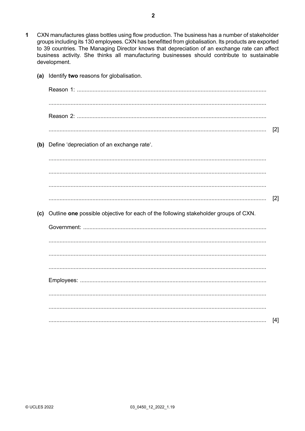 Cambridge IGCSE Business Studies 0450 2022 Feb/March Paper 1 · Variant 2 question paper, page 2 of 12