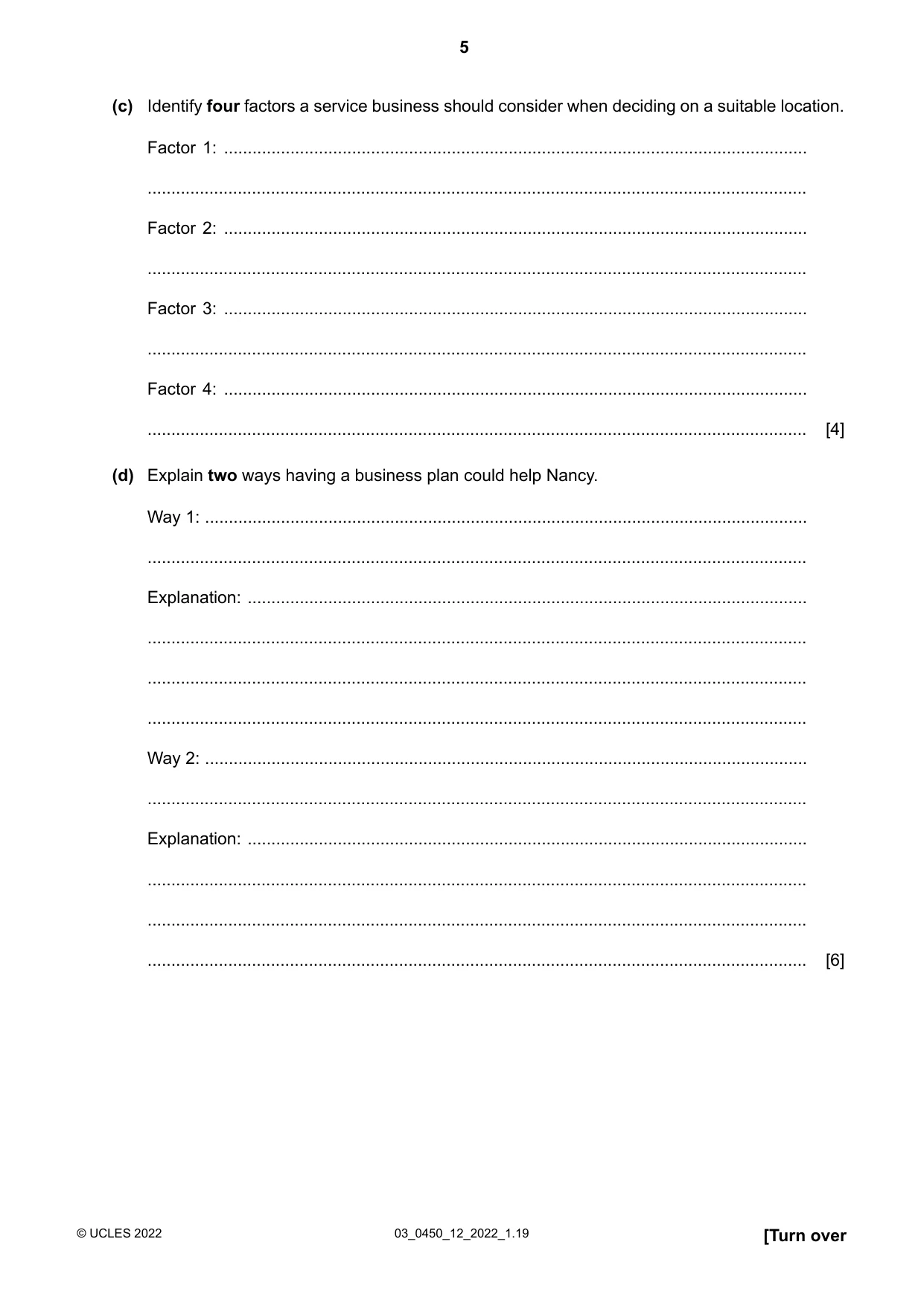 Cambridge IGCSE Business Studies 0450 2022 Feb/March Paper 1 · Variant 2 question paper, page 5 of 12