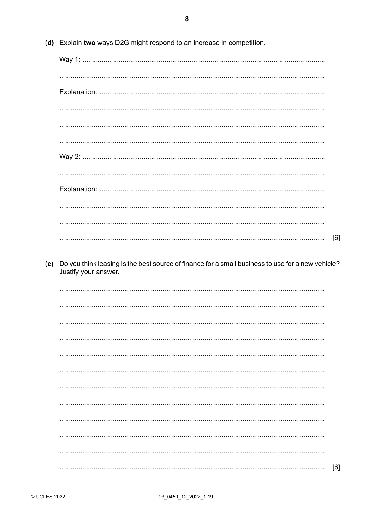 Cambridge IGCSE Business Studies 0450 2022 Feb/March Paper 1 · Variant 2 question paper, page 8 of 12