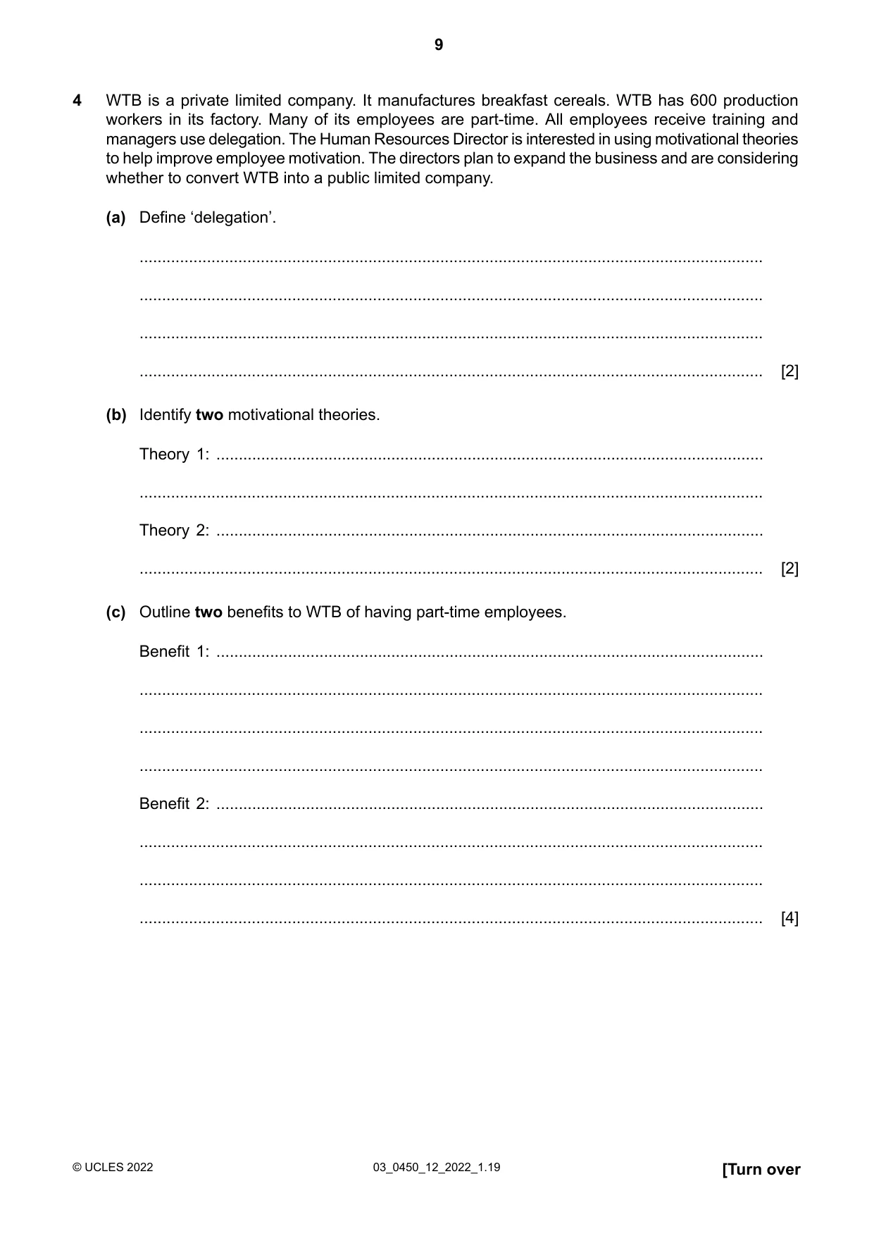 Cambridge IGCSE Business Studies 0450 2022 Feb/March Paper 1 · Variant 2 question paper, page 9 of 12